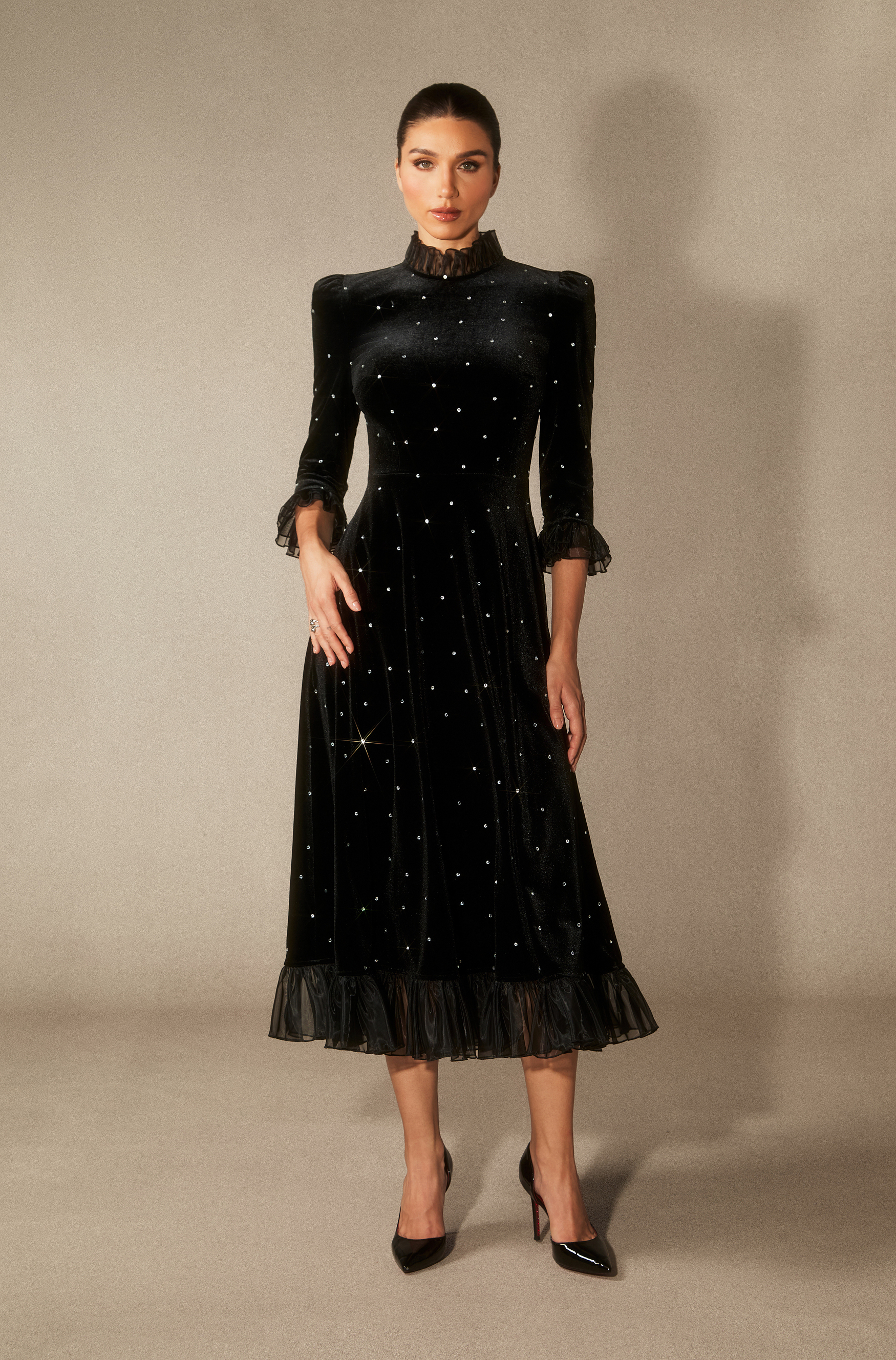 Jolie Diamante Ruffle Velvet Maxi Dress