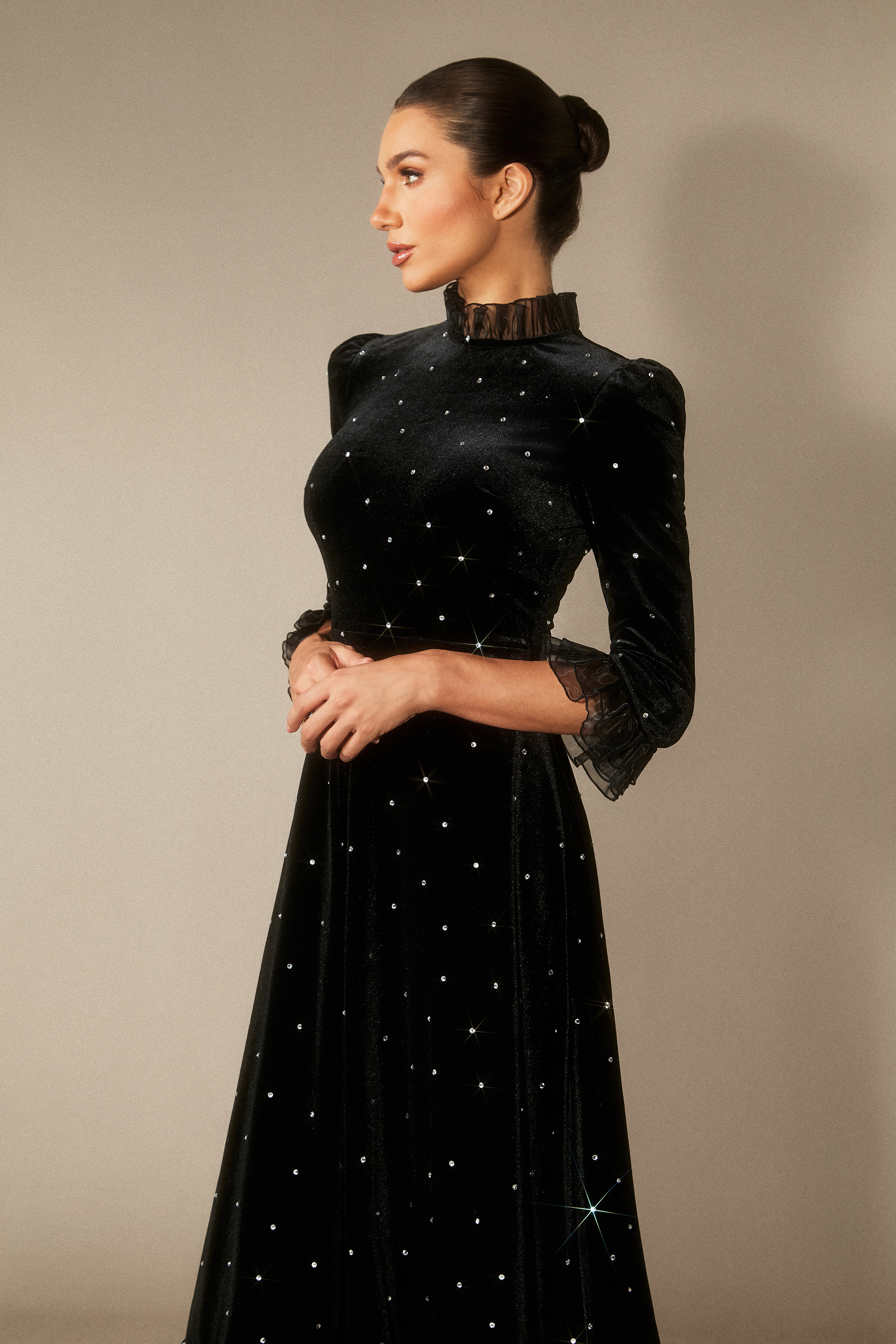 Jolie Diamante Ruffle Velvet Maxi Dress