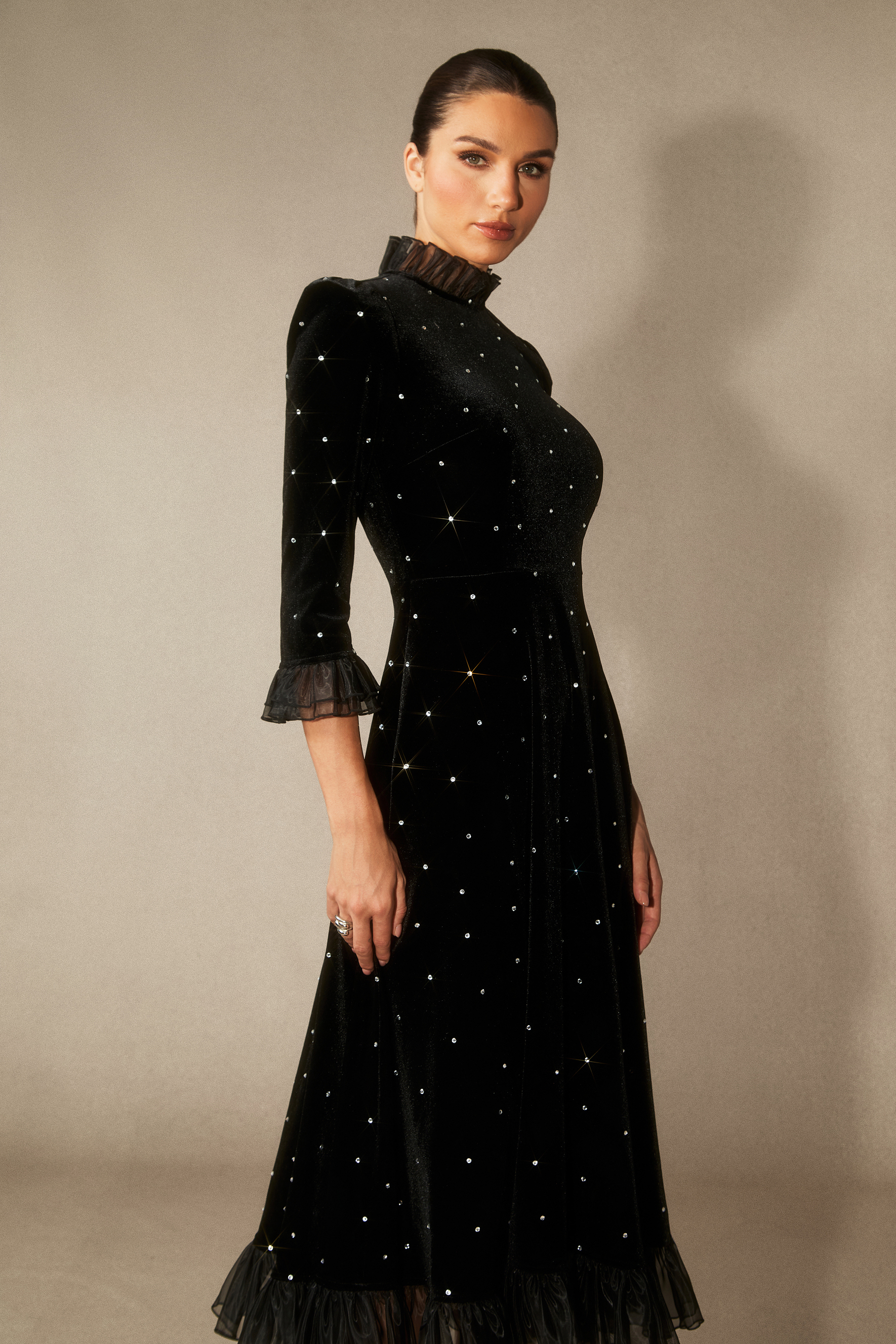 Jolie Diamante Ruffle Velvet Maxi Dress