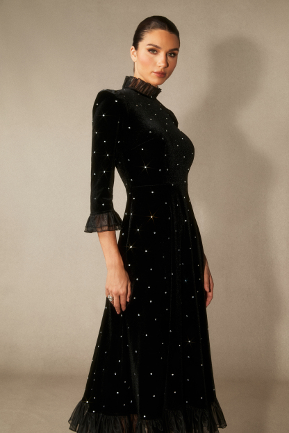 Jolie Diamante Ruffle Velvet Maxi Dress