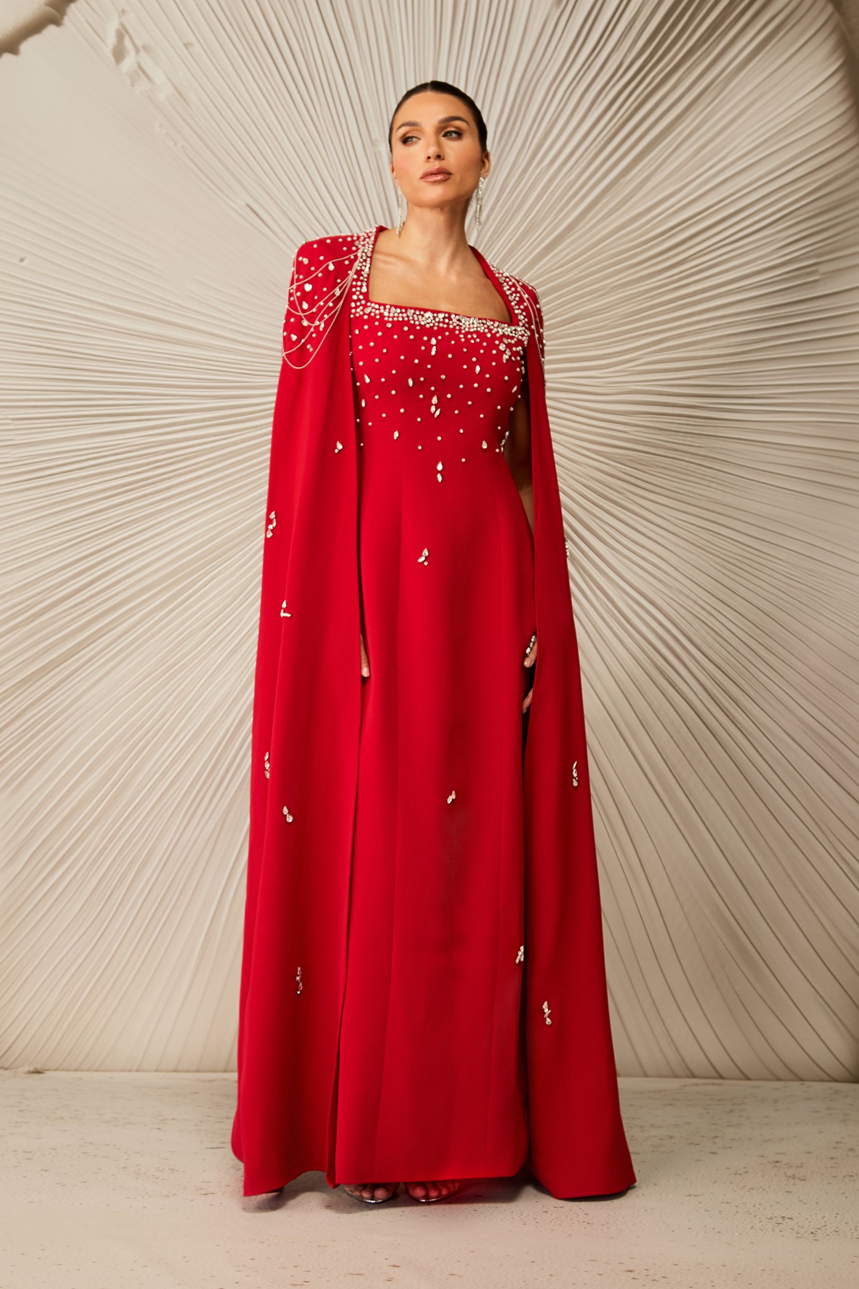 Diana Crystal Embellished Cape Sleeve Maxi Dress