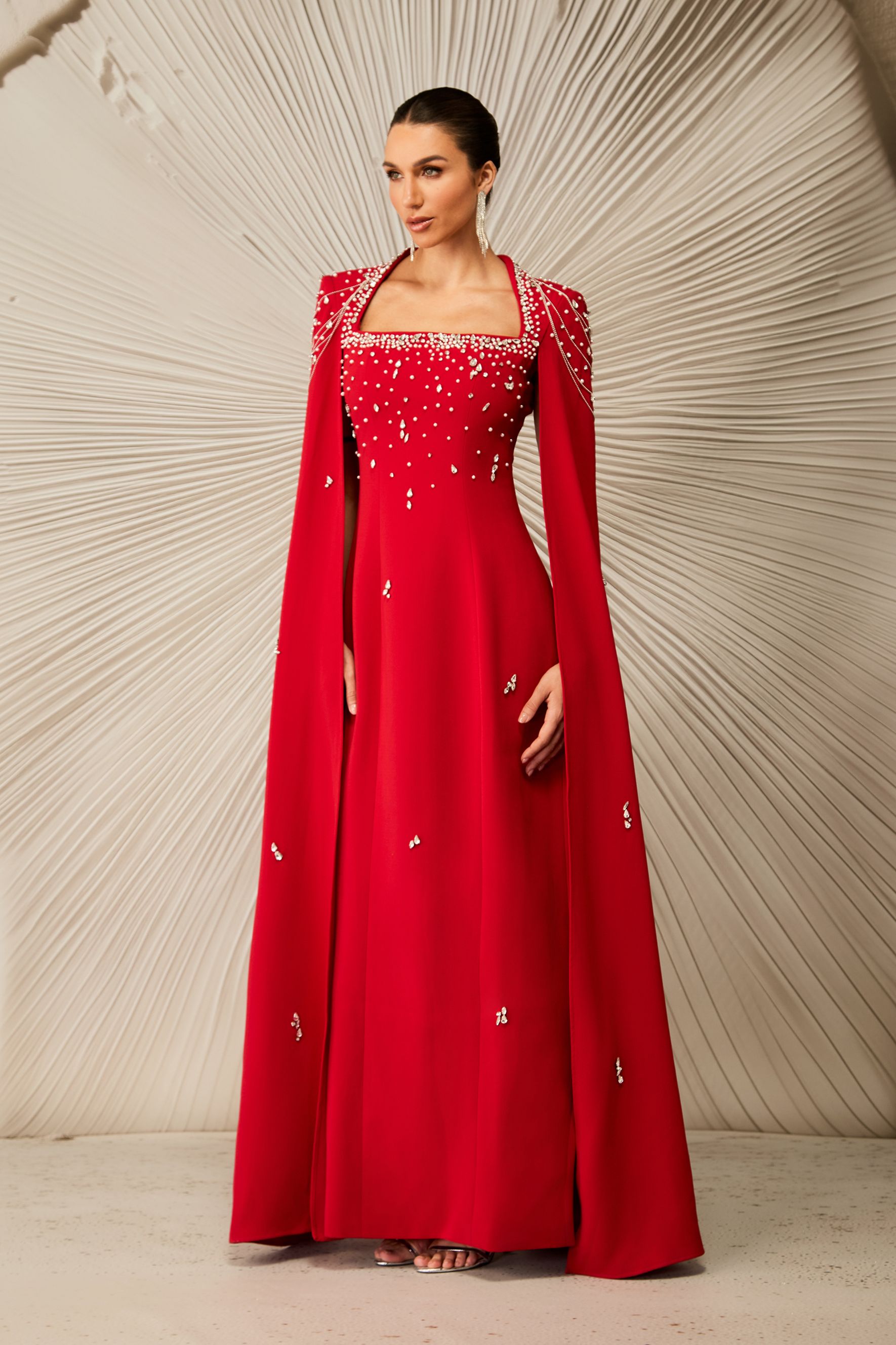 Diana Crystal Embellished Cape Sleeve Maxi Dress