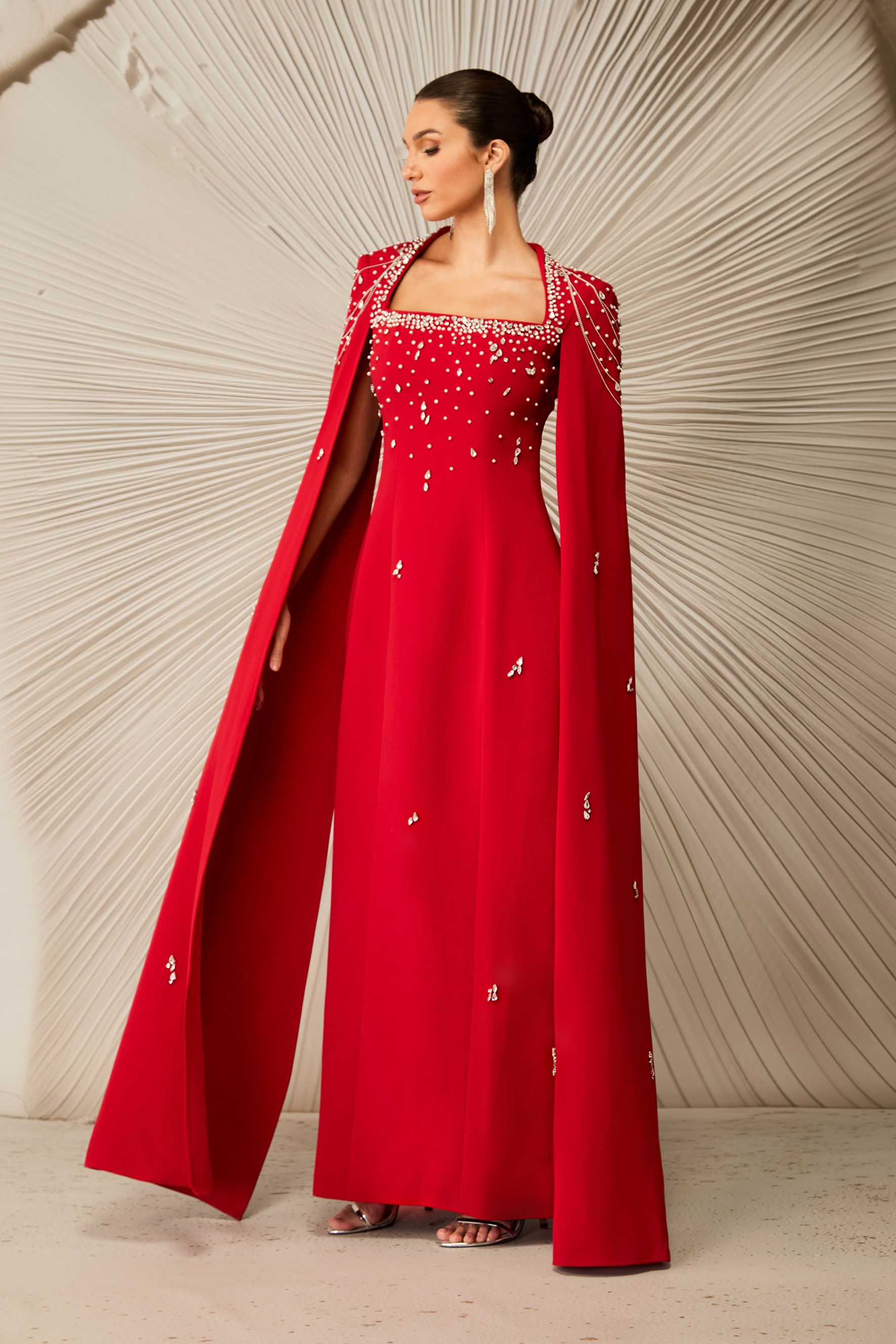 Diana Crystal Embellished Cape Sleeve Maxi Dress