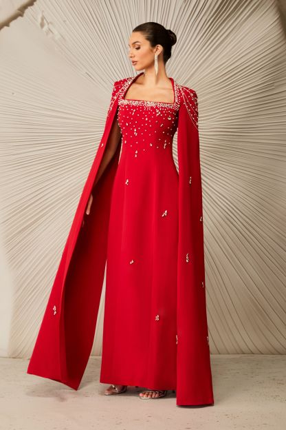 Diana Crystal Embellished Cape Sleeve Maxi Dress