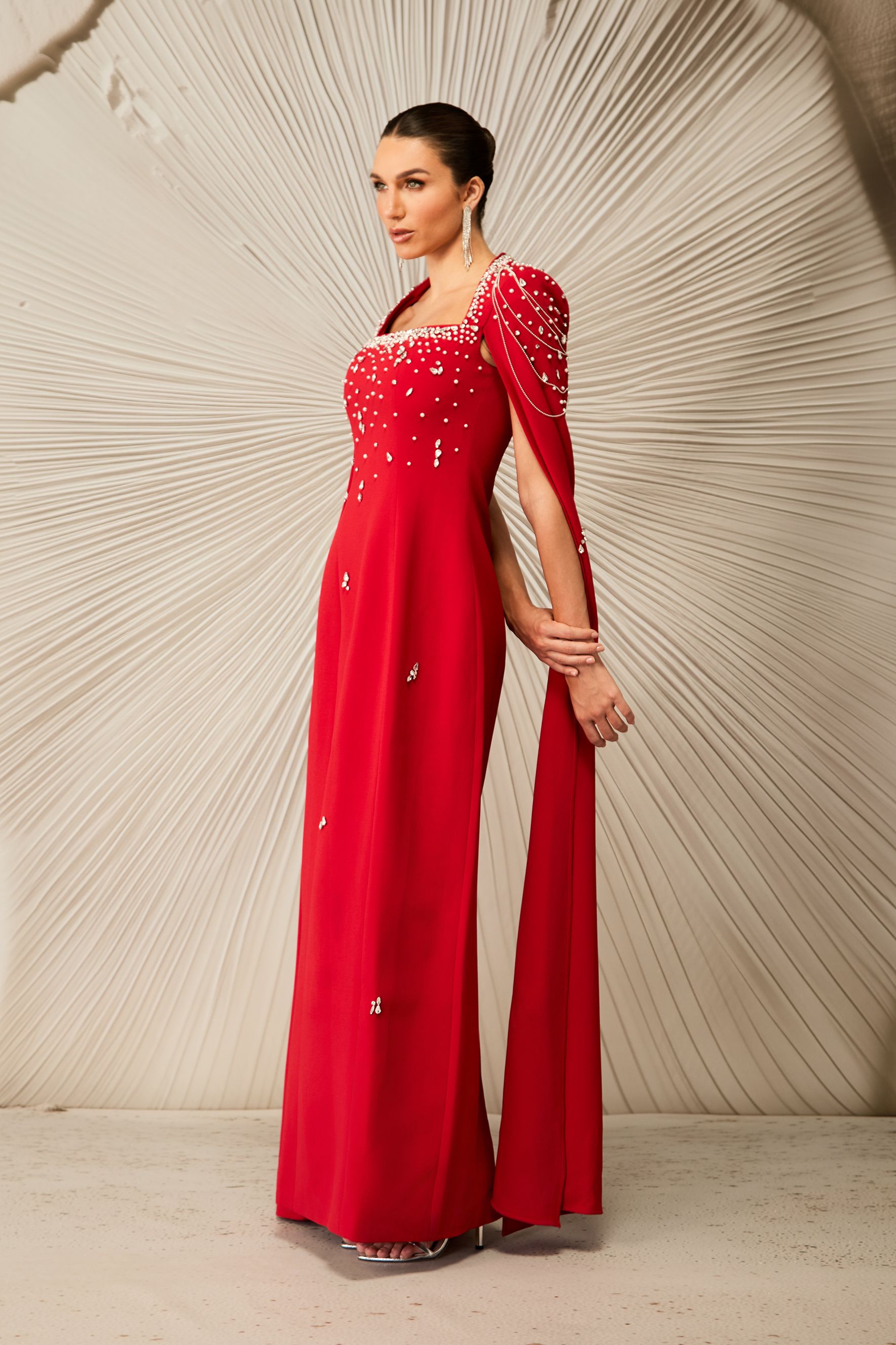 Diana Crystal Embellished Cape Sleeve Maxi Dress