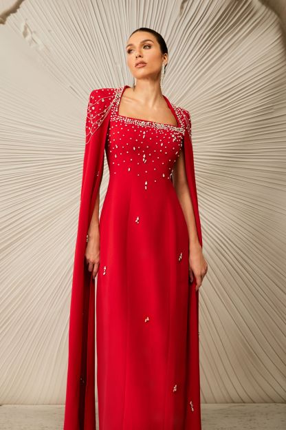 Diana Crystal Embellished Cape Sleeve Maxi Dress