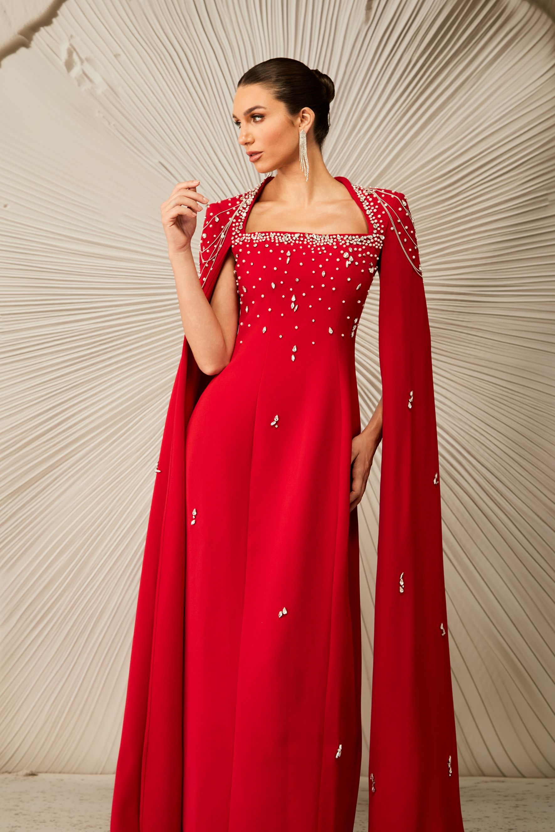 Diana Crystal Embellished Cape Sleeve Maxi Dress