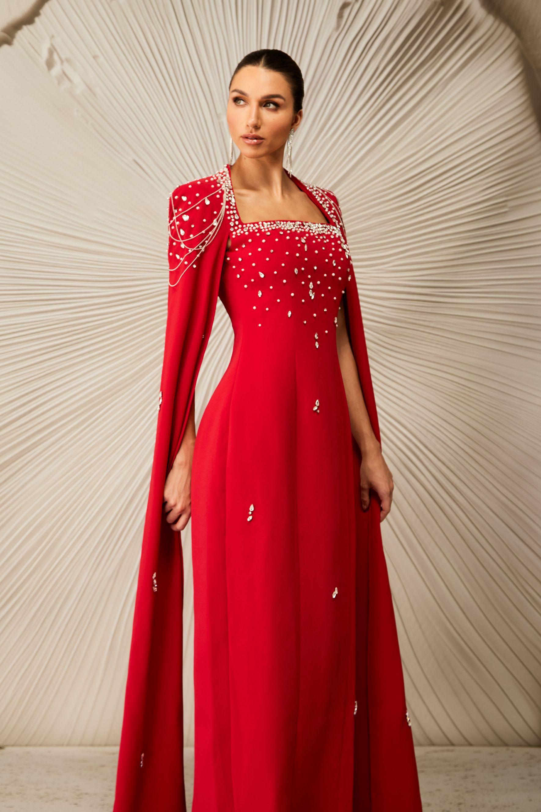 Diana Crystal Embellished Cape Sleeve Maxi Dress