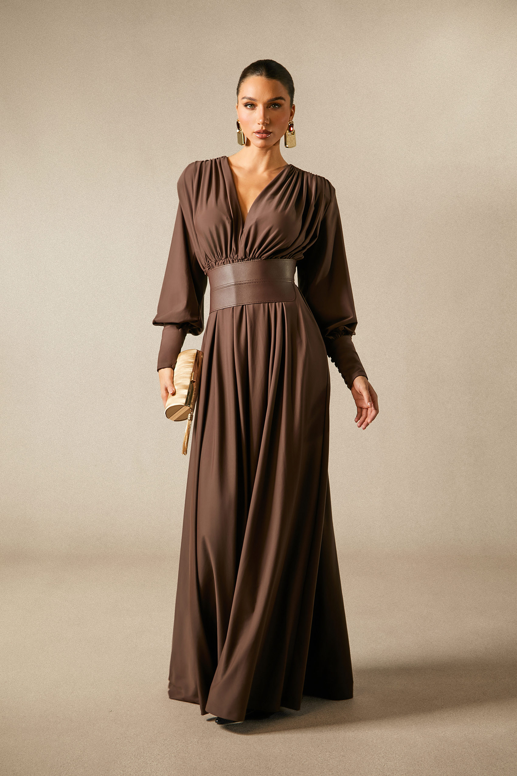 Renata Plunge Long Sleeve Maxi Dress-Sunfere