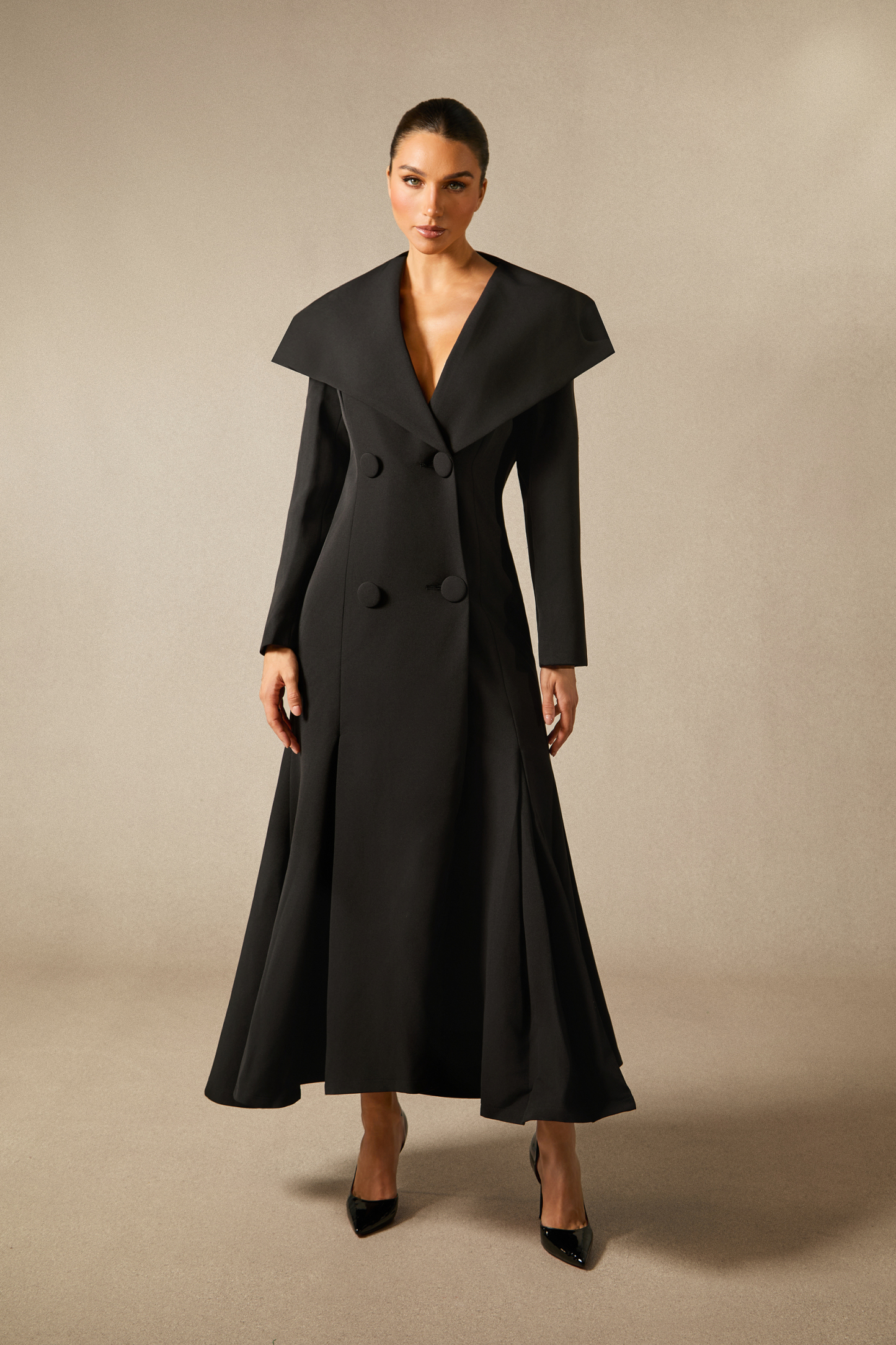 Gabrielle Wide Lapel Double Breasted Coat with Belt