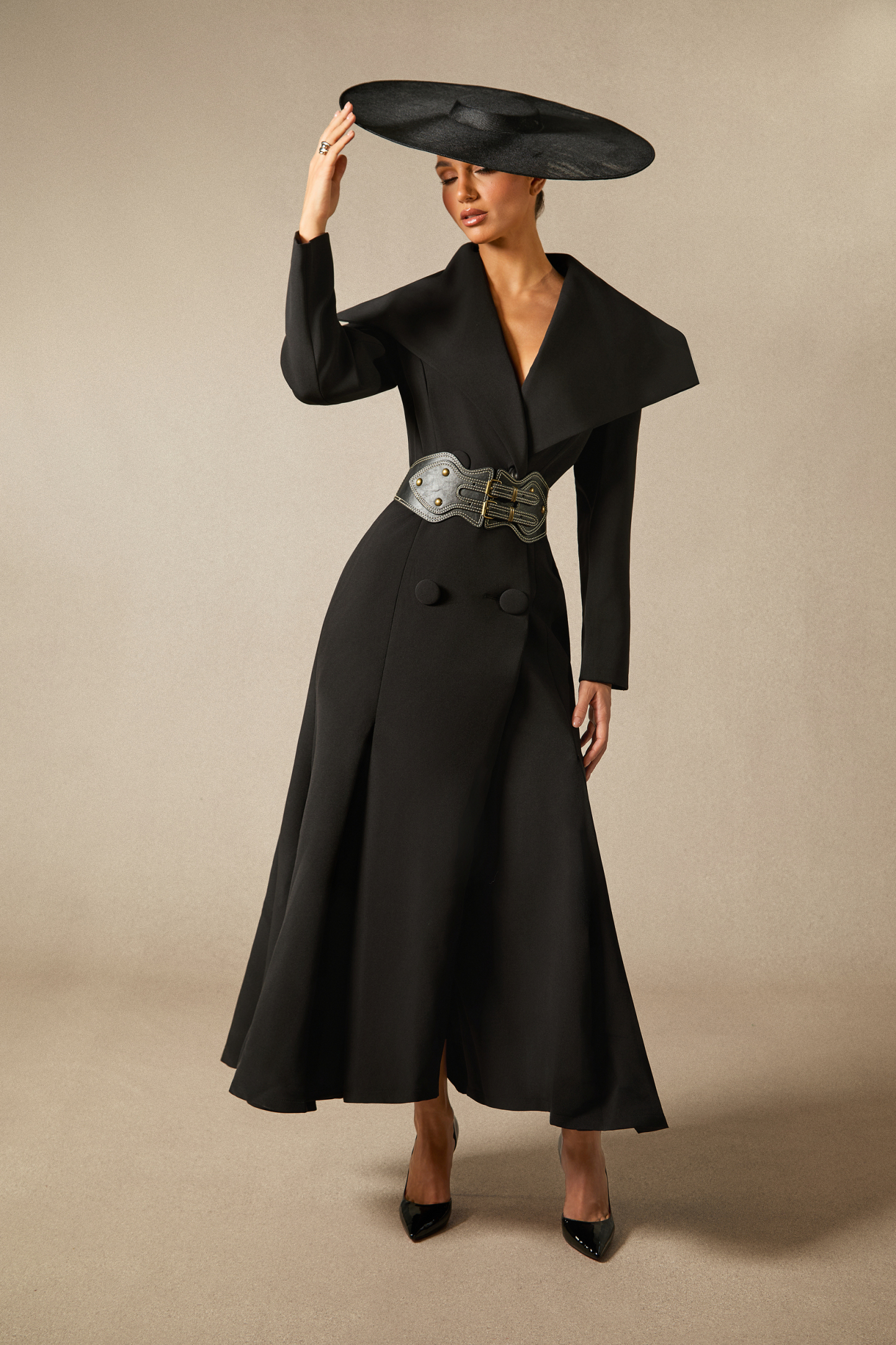 Gabrielle Wide Lapel Double Breasted Coat with Belt