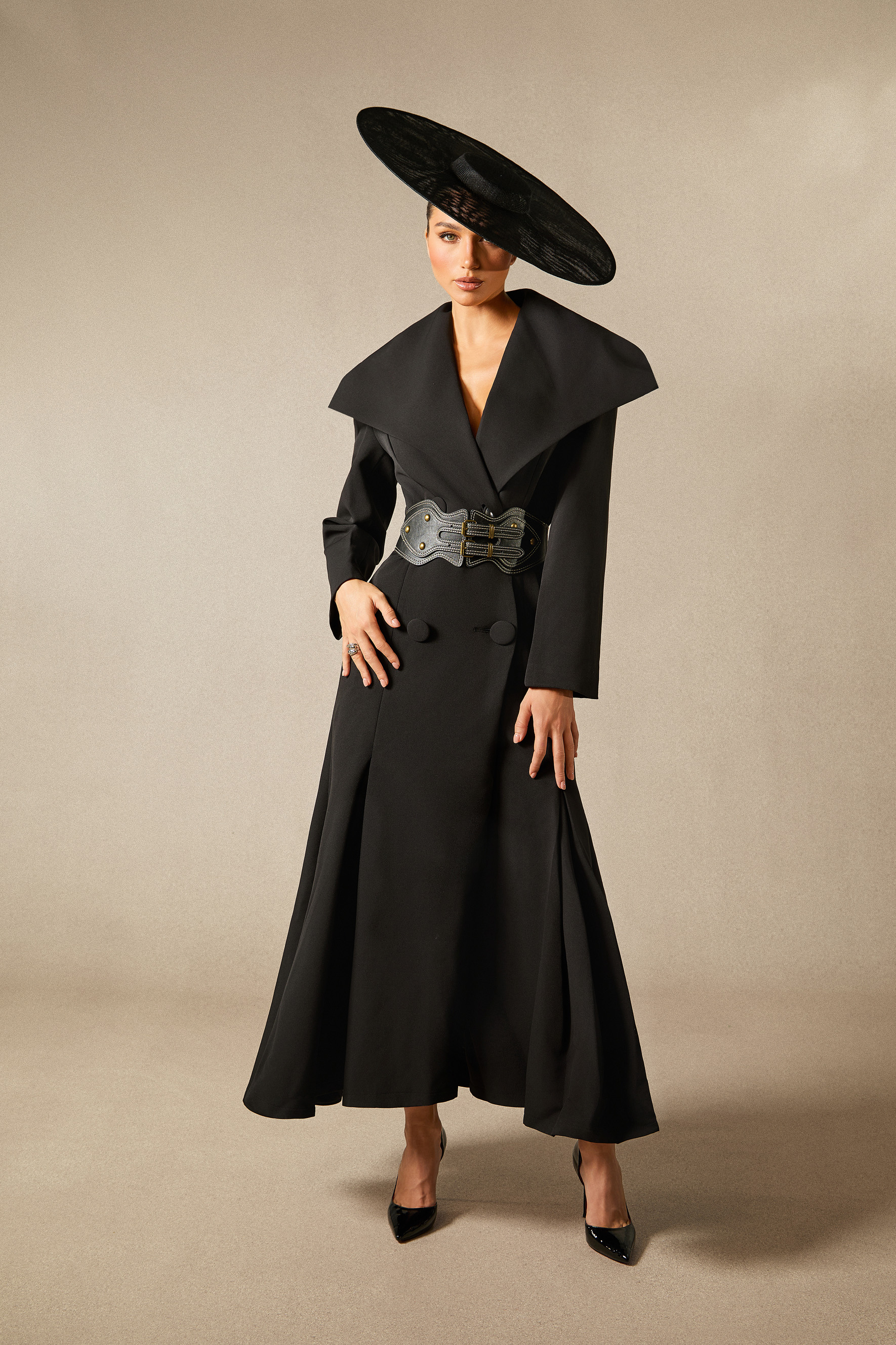 Gabrielle Wide Lapel Double Breasted Coat with Belt