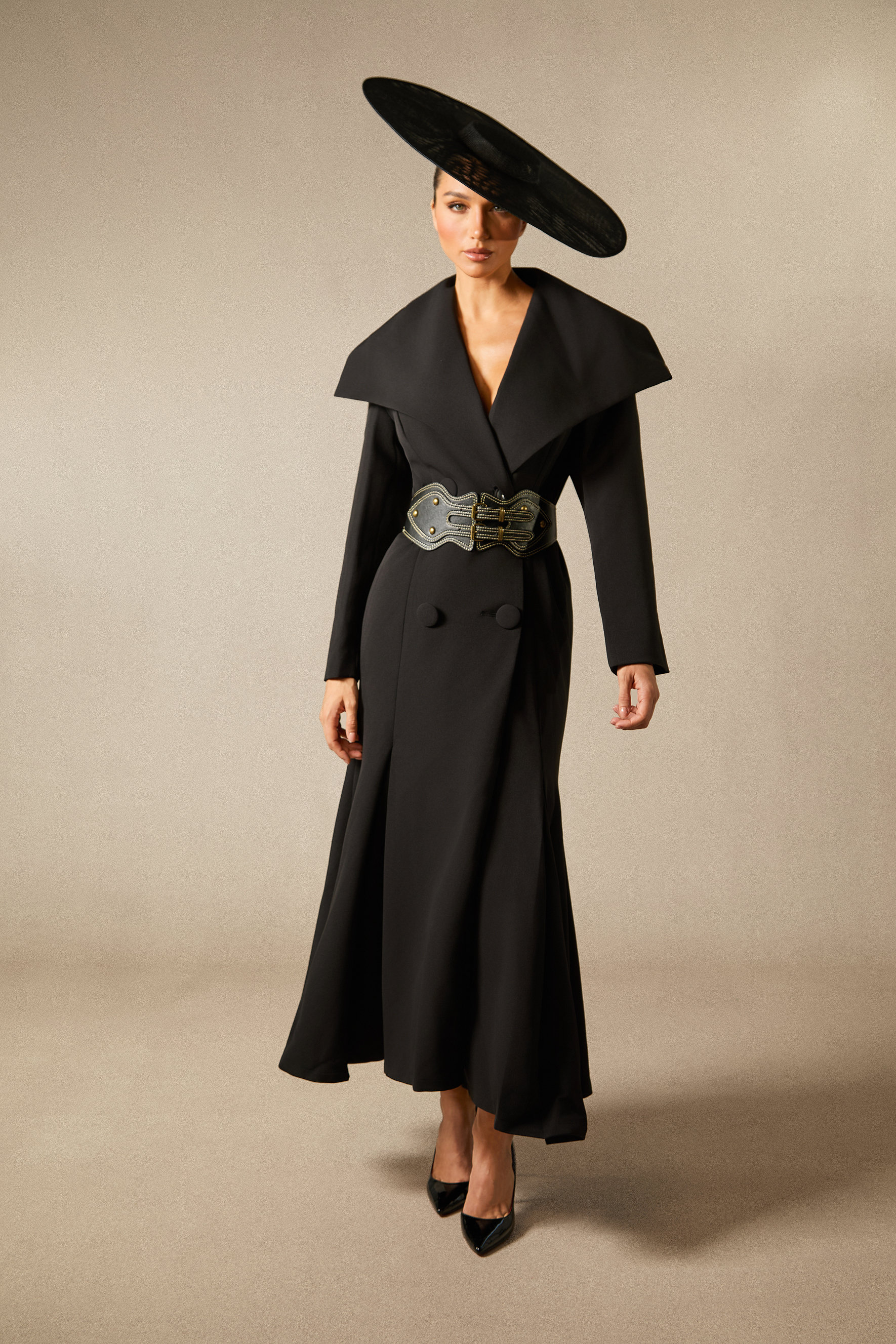 Gabrielle Wide Lapel Double Breasted Coat with Belt