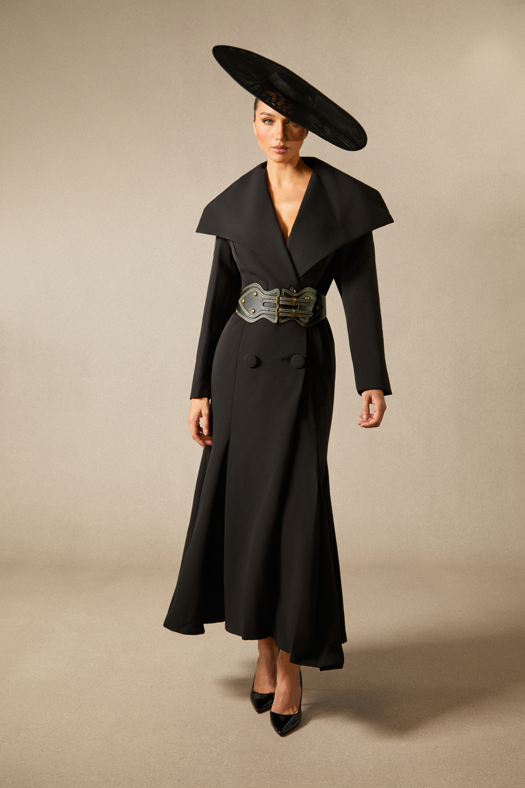 Gabrielle Wide Lapel Double Breasted Coat with Belt