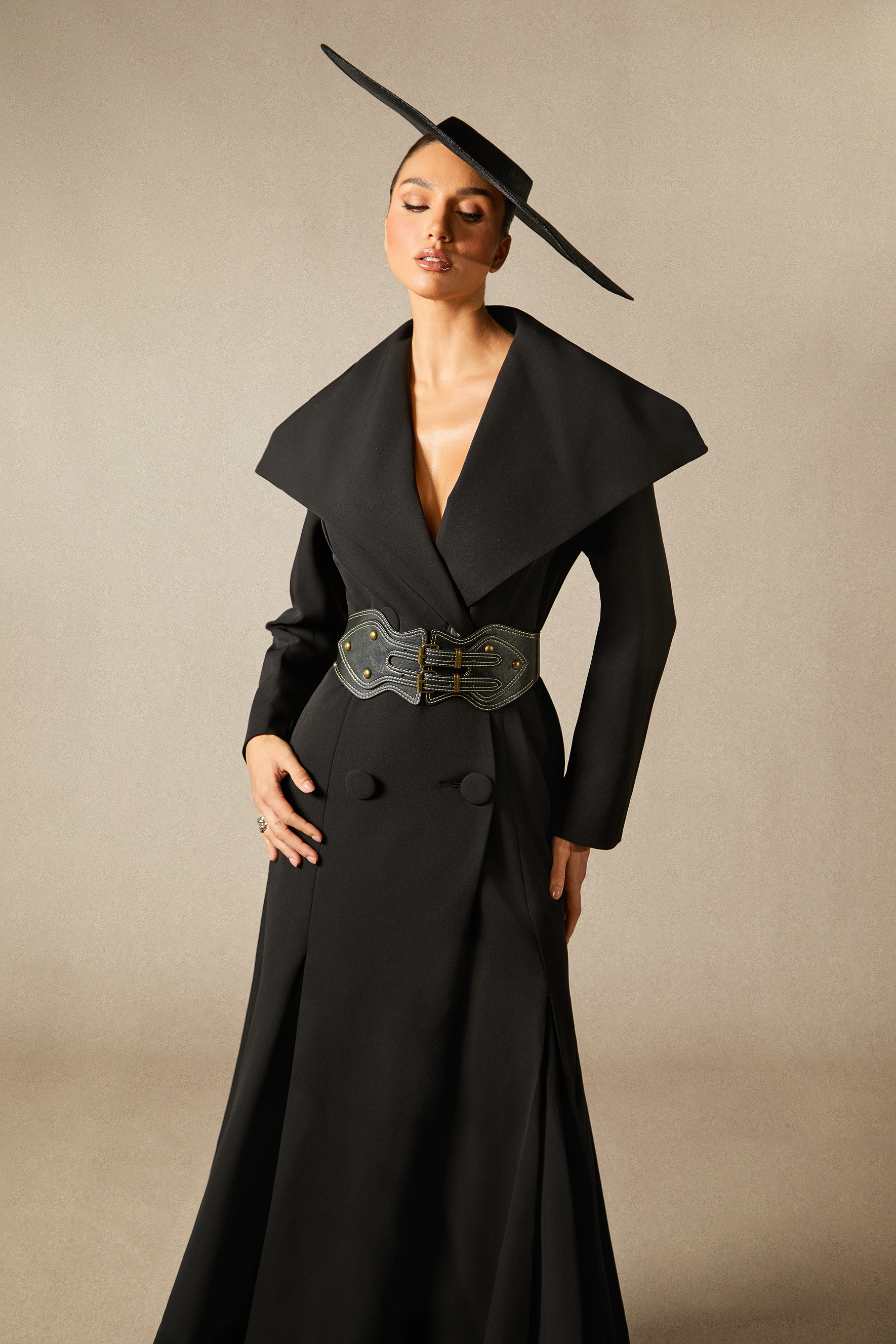 Gabrielle Wide Lapel Double Breasted Coat with Belt