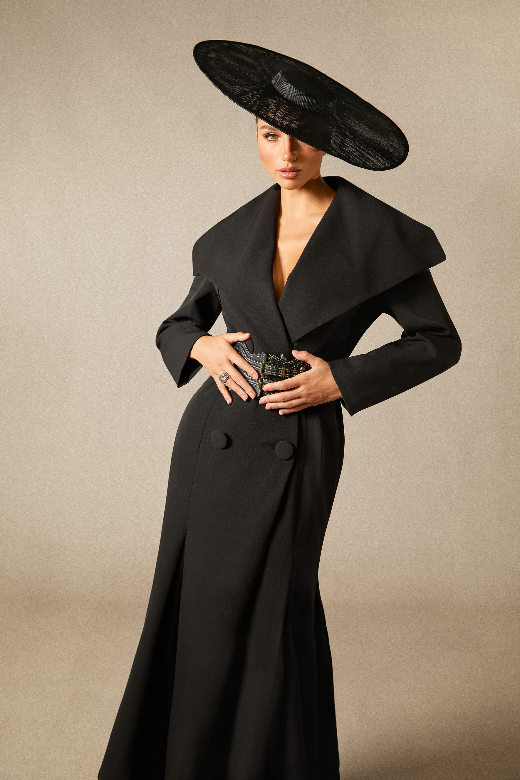 Gabrielle Wide Lapel Double Breasted Coat with Belt