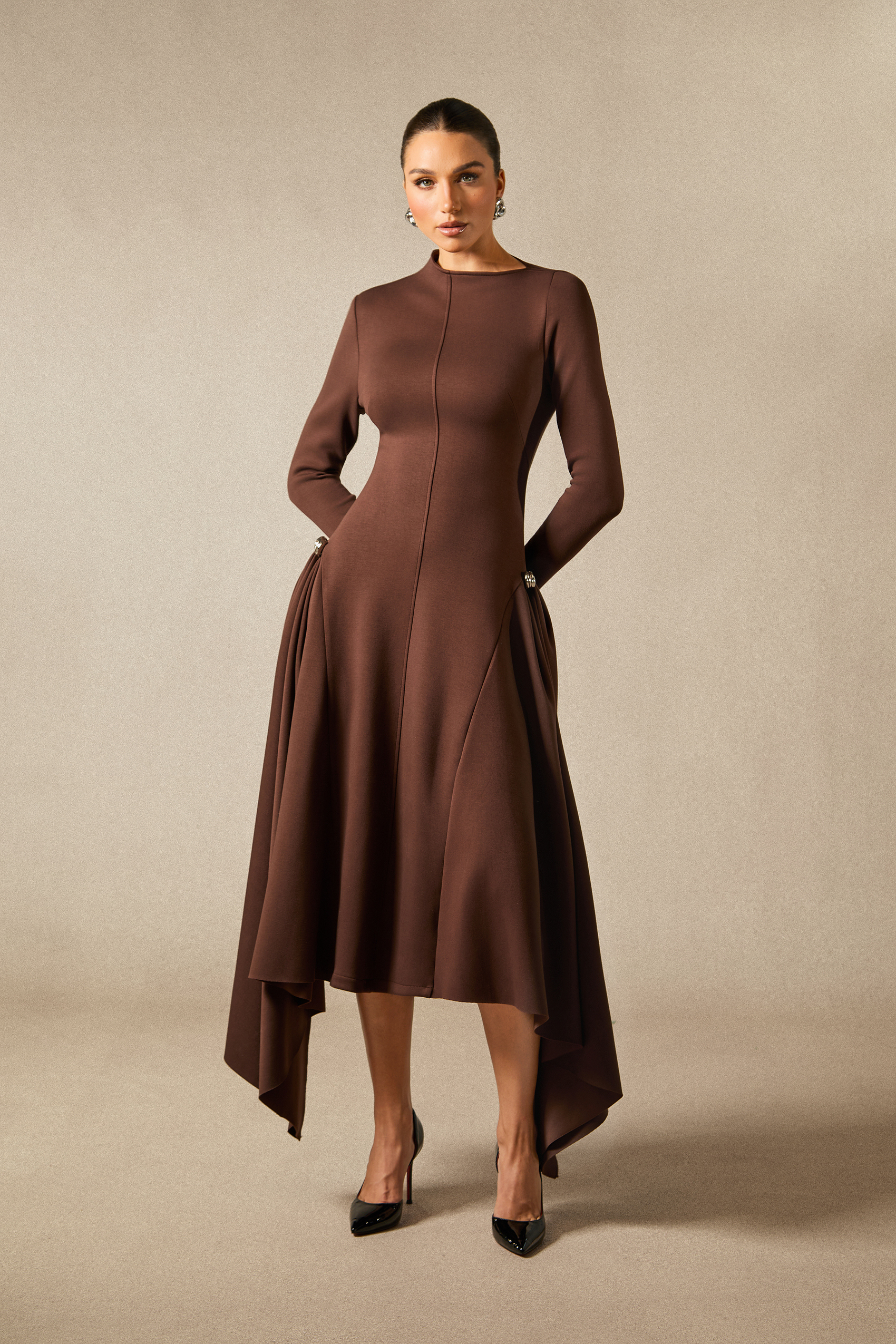 Olivia Long Sleeve Asymmetric Hem Midi Dress