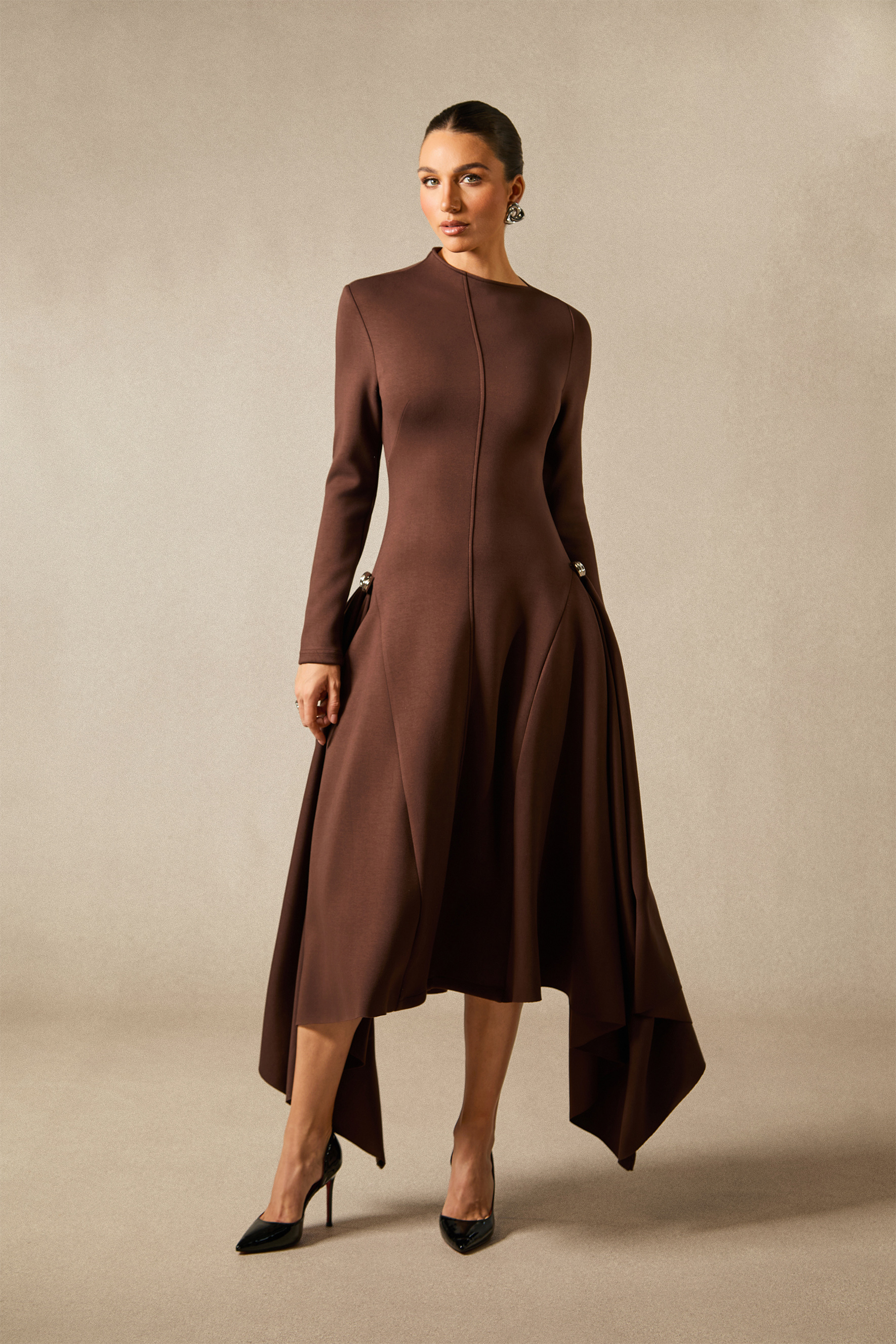 Olivia Long Sleeve Asymmetric Hem Midi Dress
