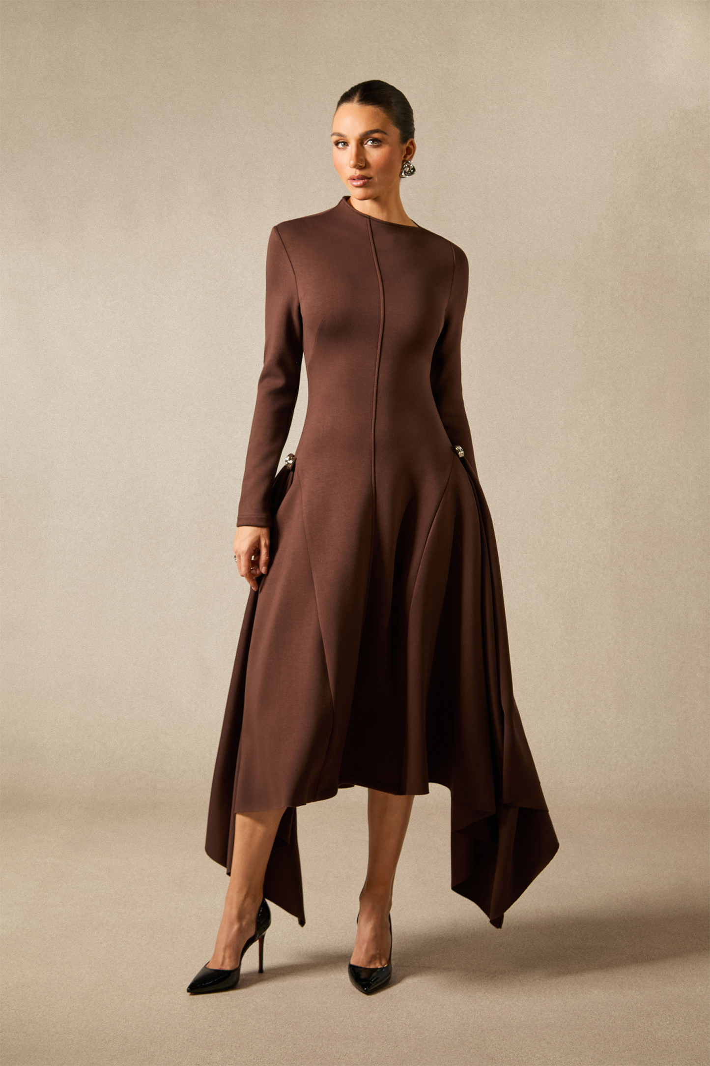 Olivia Long Sleeve Asymmetric Hem Midi Dress