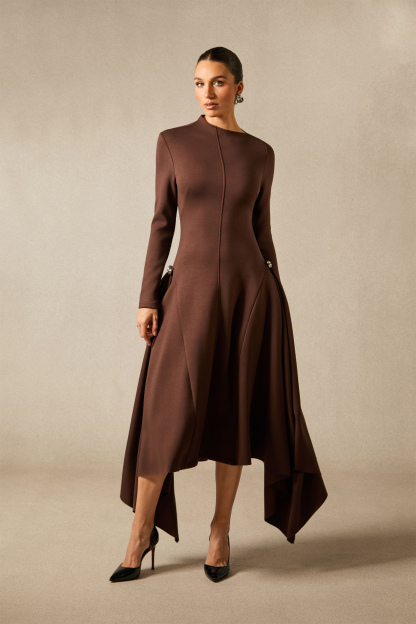 Olivia Long Sleeve Asymmetric Hem Midi Dress
