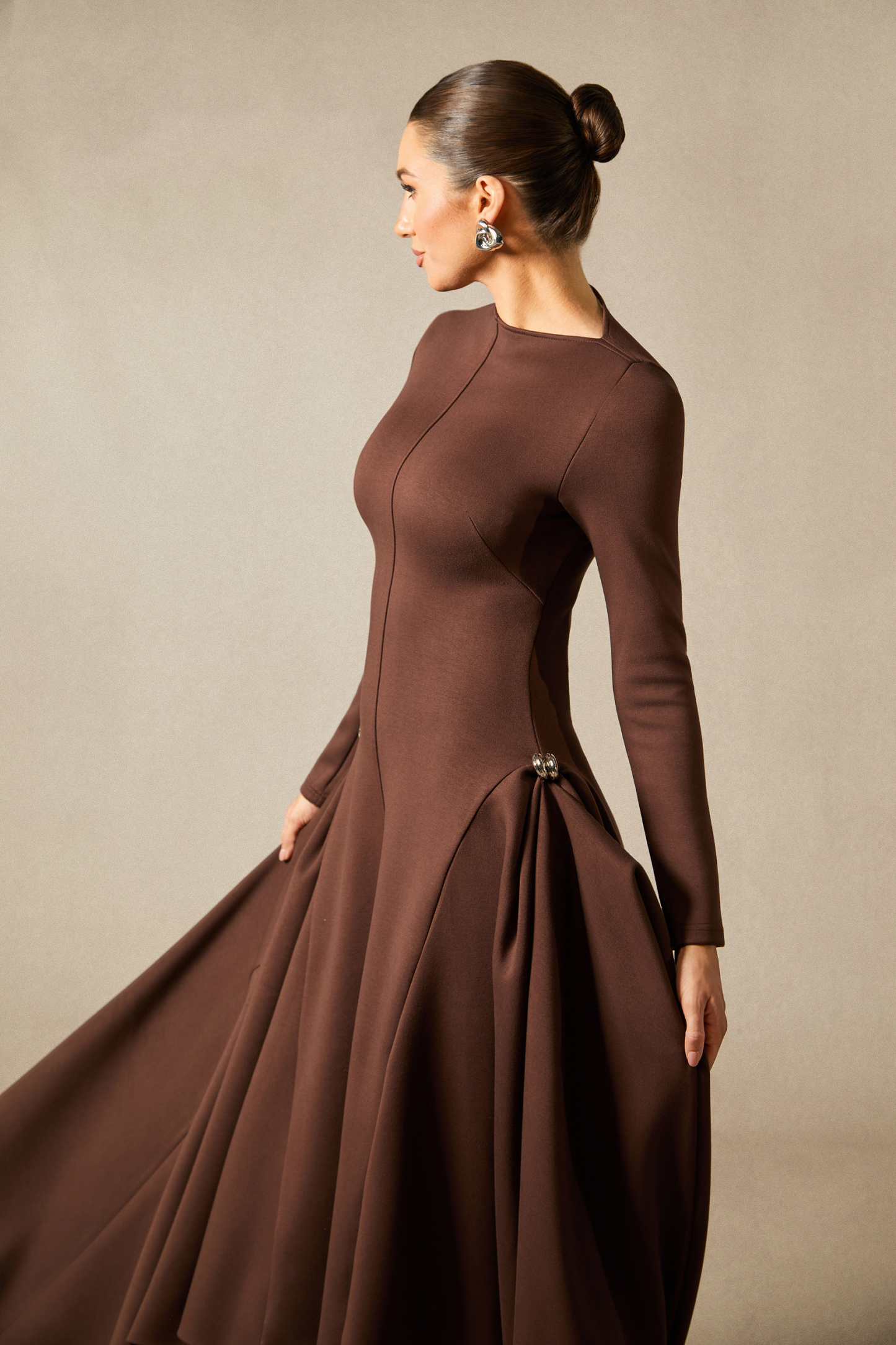 Olivia Long Sleeve Asymmetric Hem Midi Dress