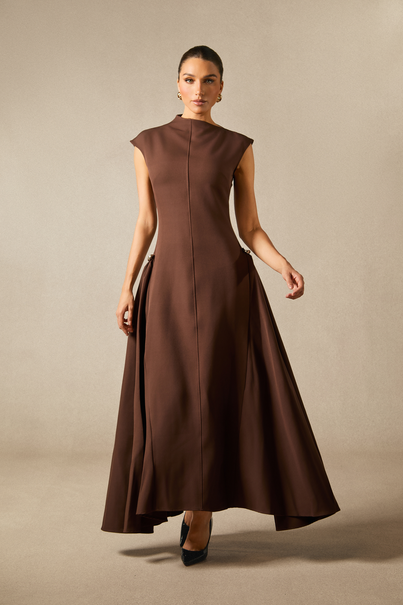 Julianna Asymmetrical Neck Cap Sleeve Maxi Dress