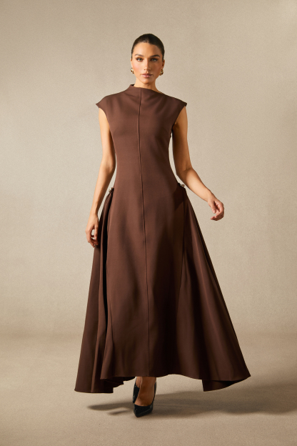 Julianna Asymmetrical Neck Cap Sleeve Maxi Dress