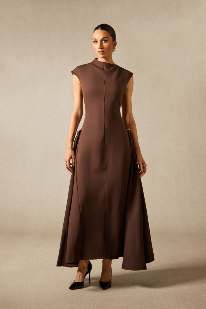 Julianna Asymmetrical Neck Cap Sleeve Maxi Dress