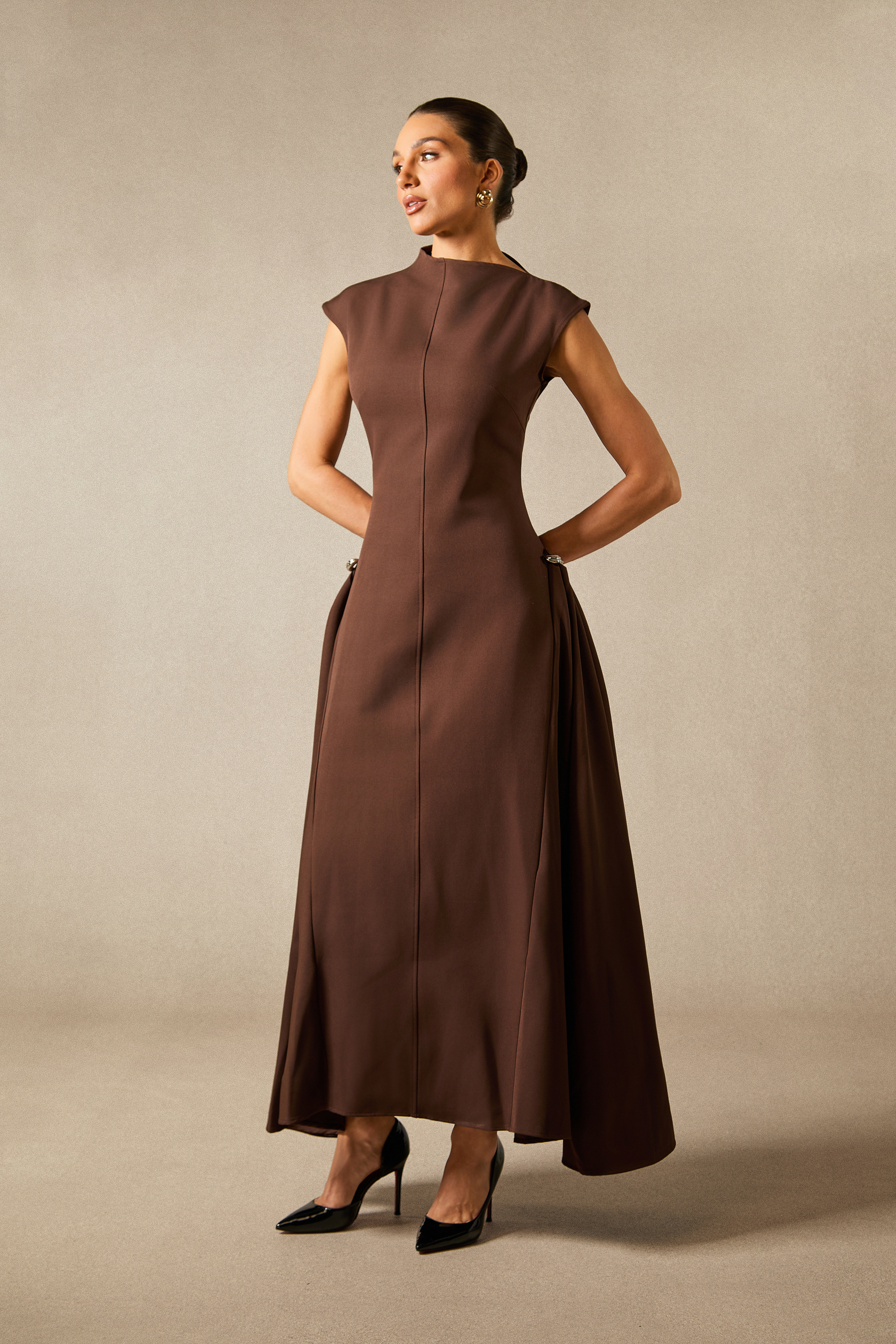 Julianna Asymmetrical Neck Cap Sleeve Maxi Dress
