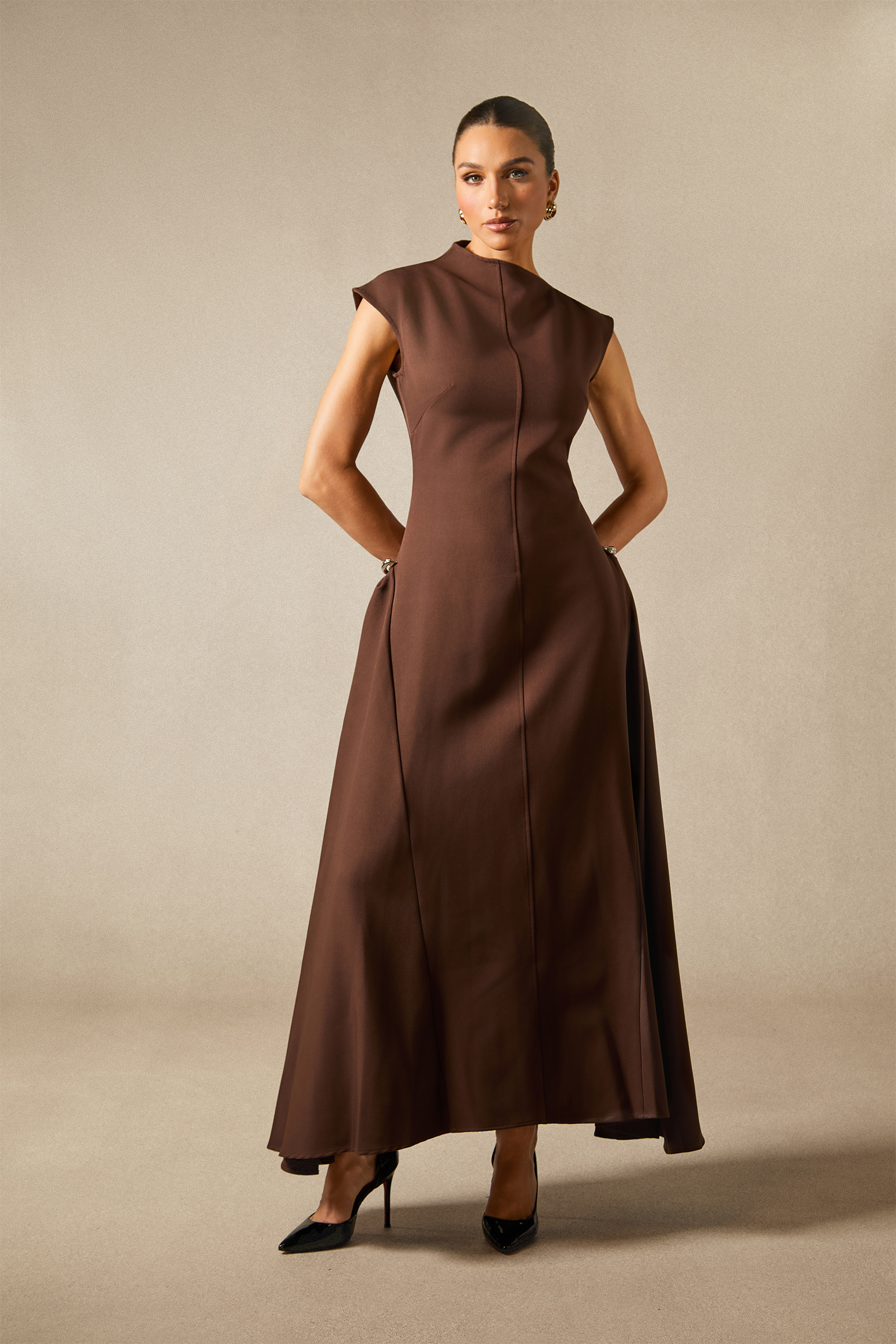 Julianna Asymmetrical Neck Cap Sleeve Maxi Dress