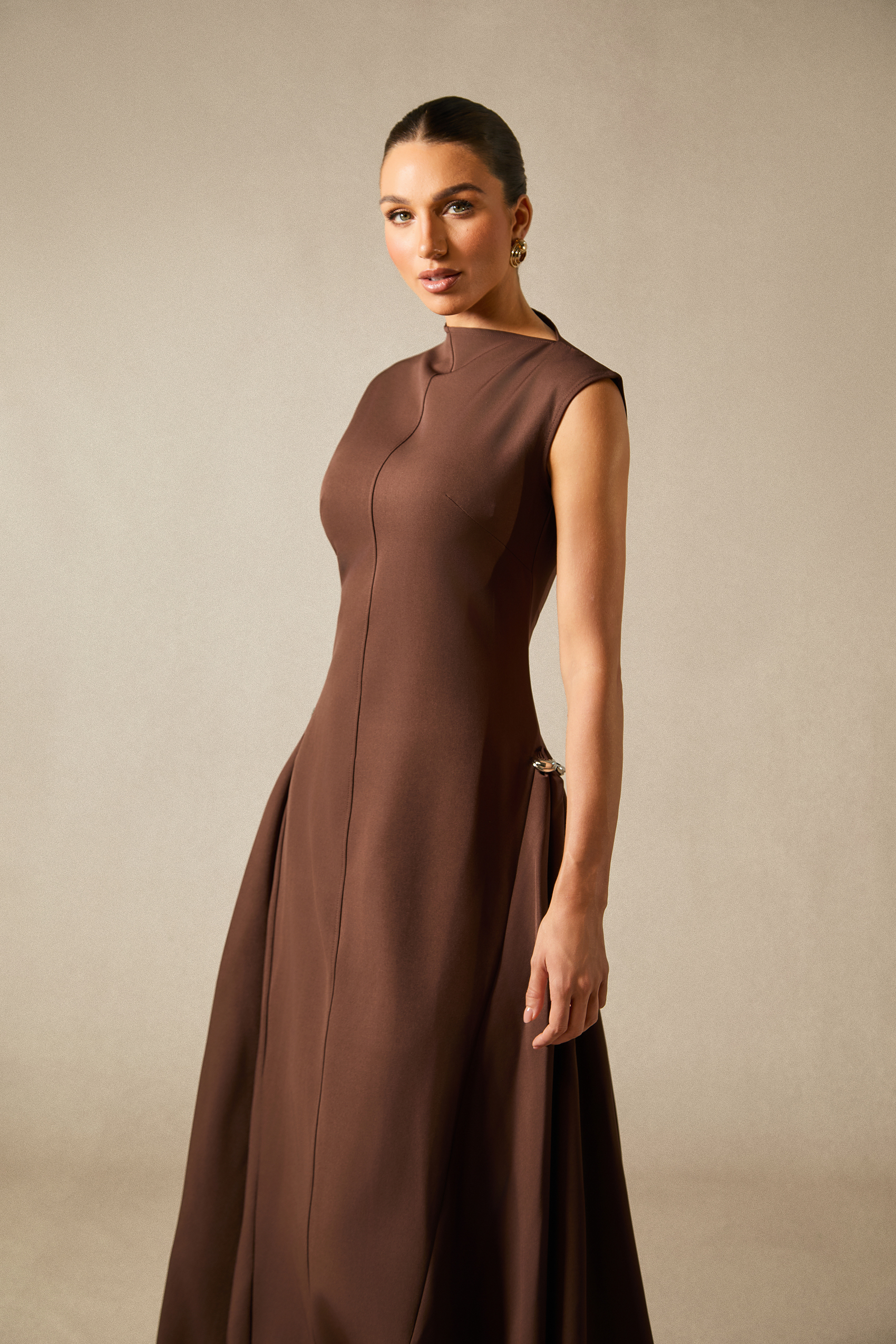 Julianna Asymmetrical Neck Cap Sleeve Maxi Dress