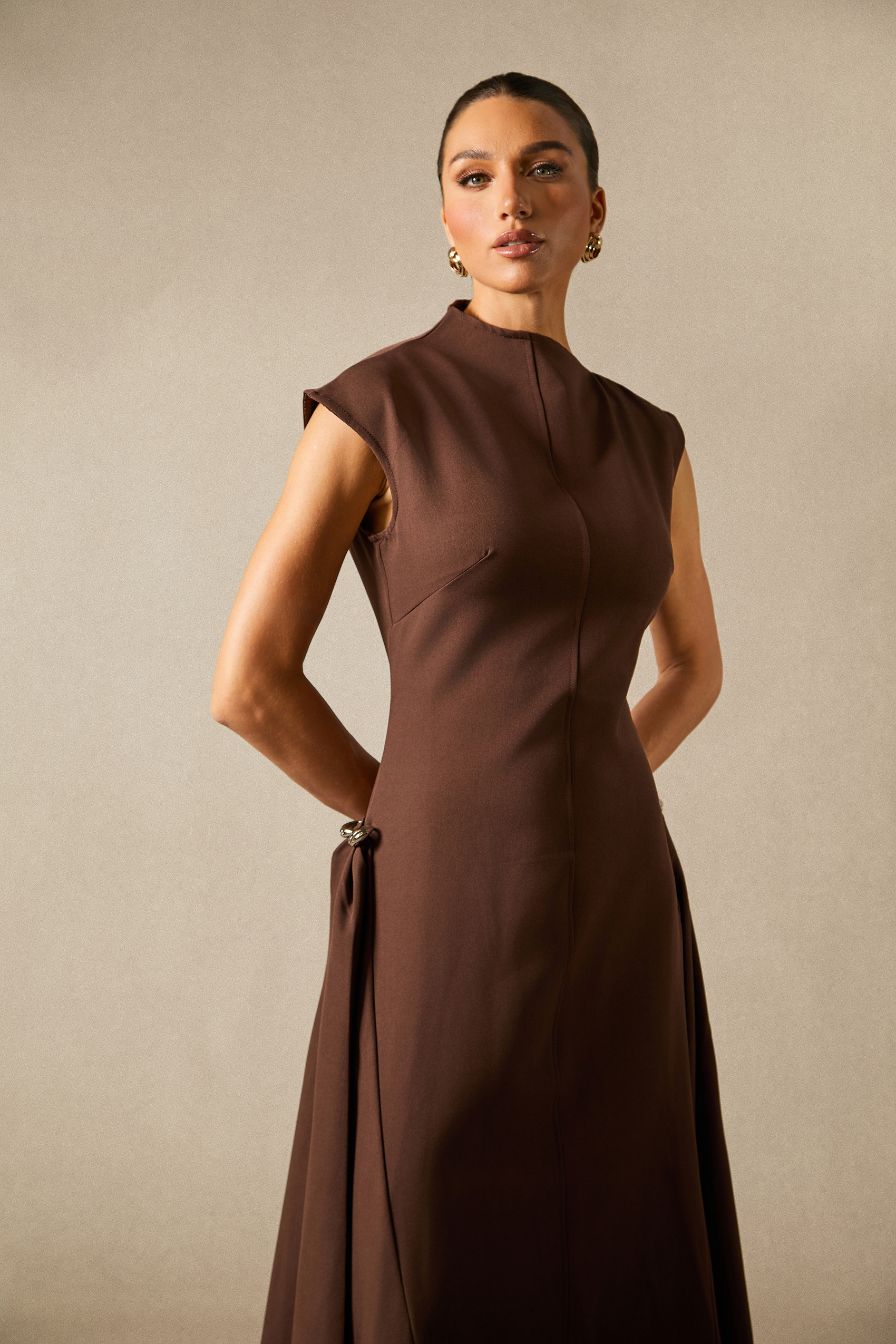 Julianna Asymmetrical Neck Cap Sleeve Maxi Dress