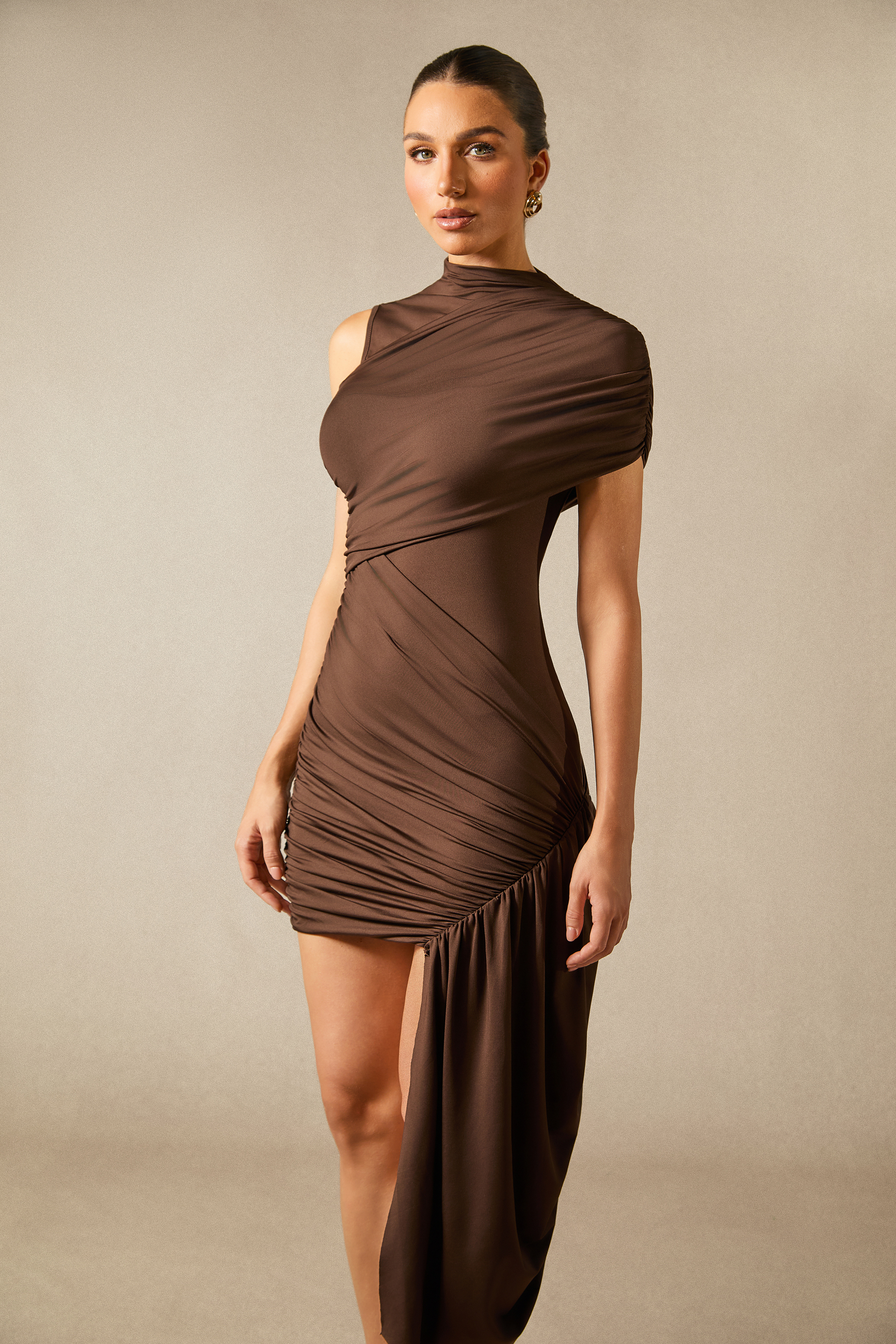 Elena Asymmetric Shoulder Draped Mini Dress