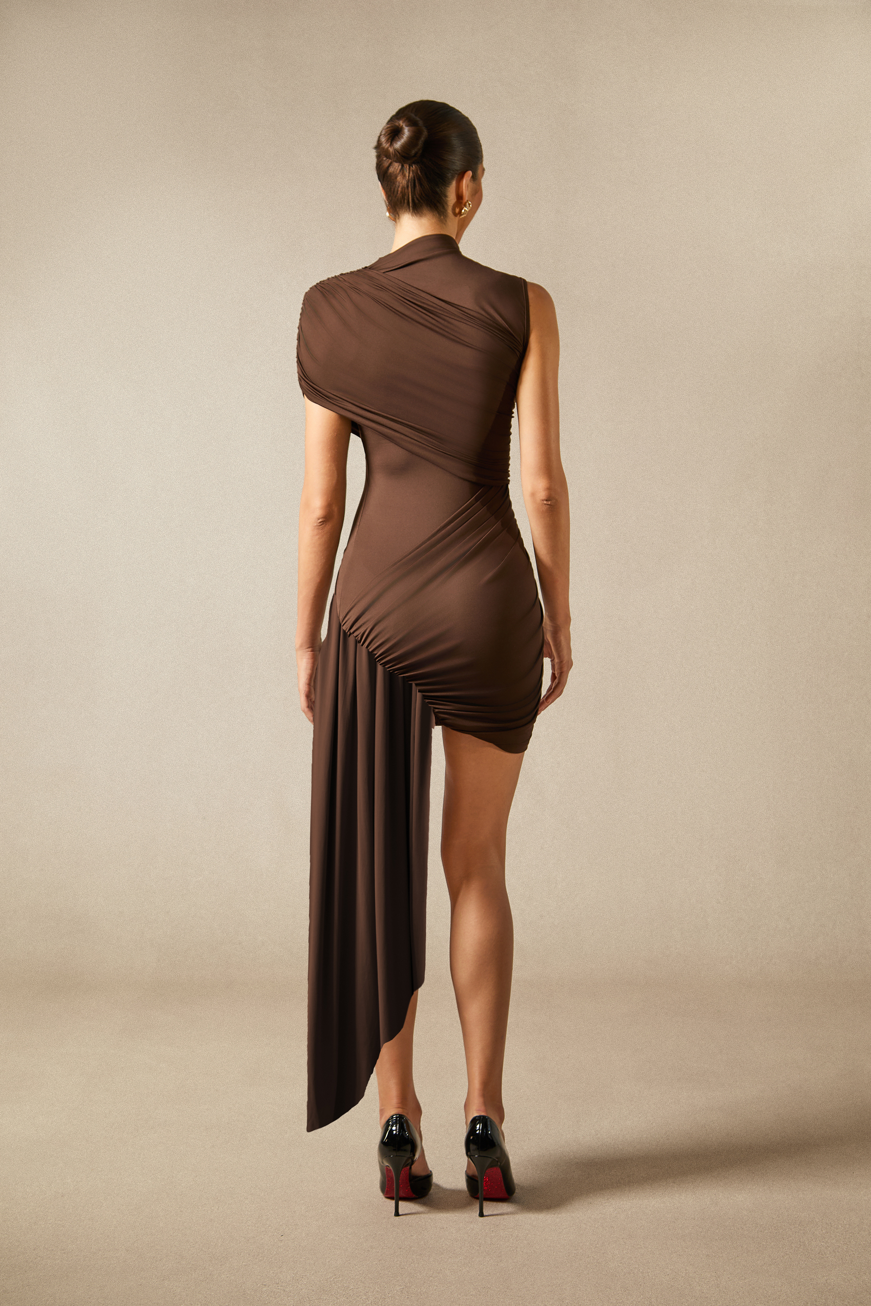 Elena Asymmetric Shoulder Draped Mini Dress