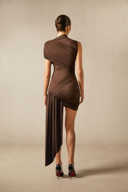 Elena Asymmetric Shoulder Draped Mini Dress