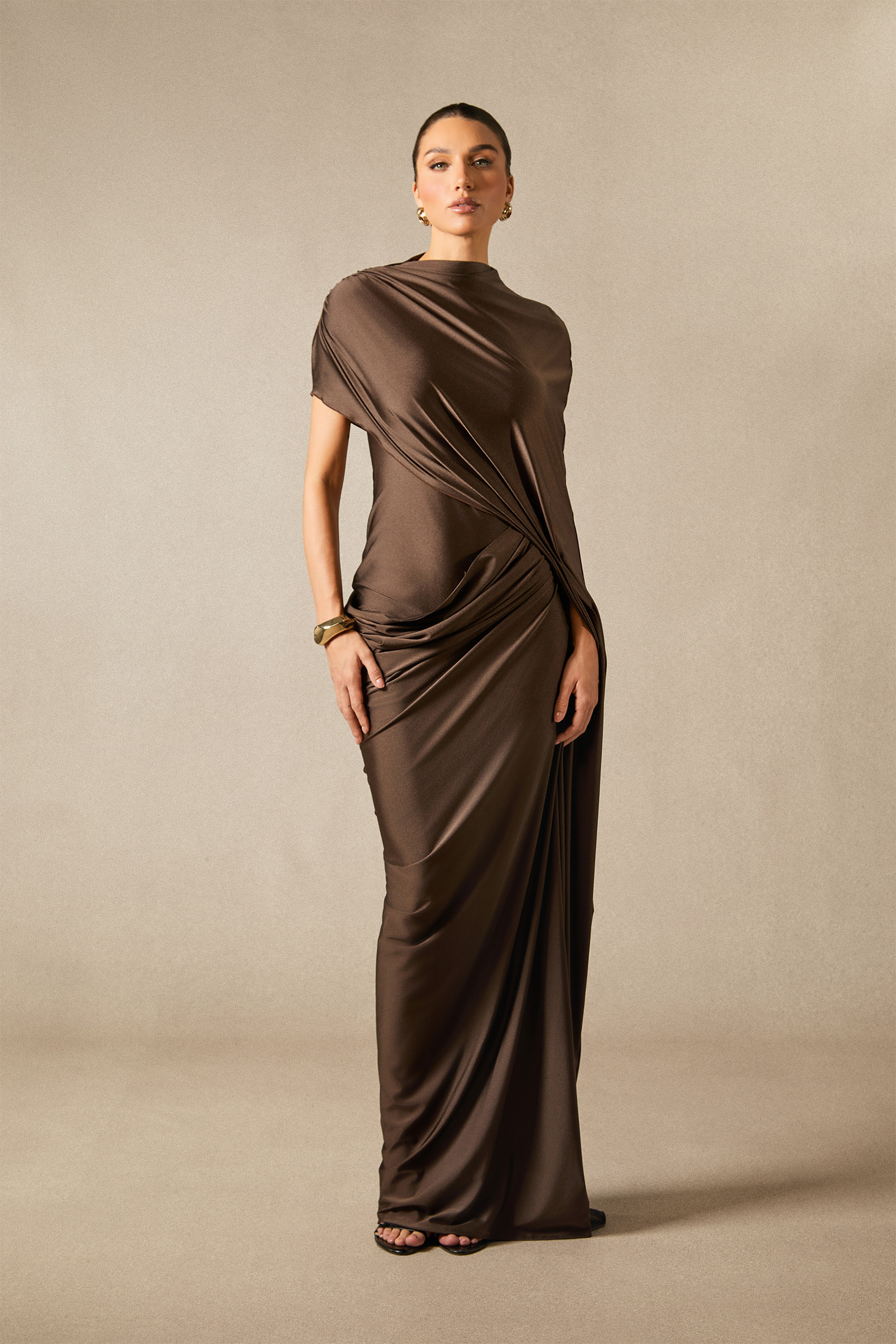 Melina Asymmetric Sleeve Drape Maxi Dress