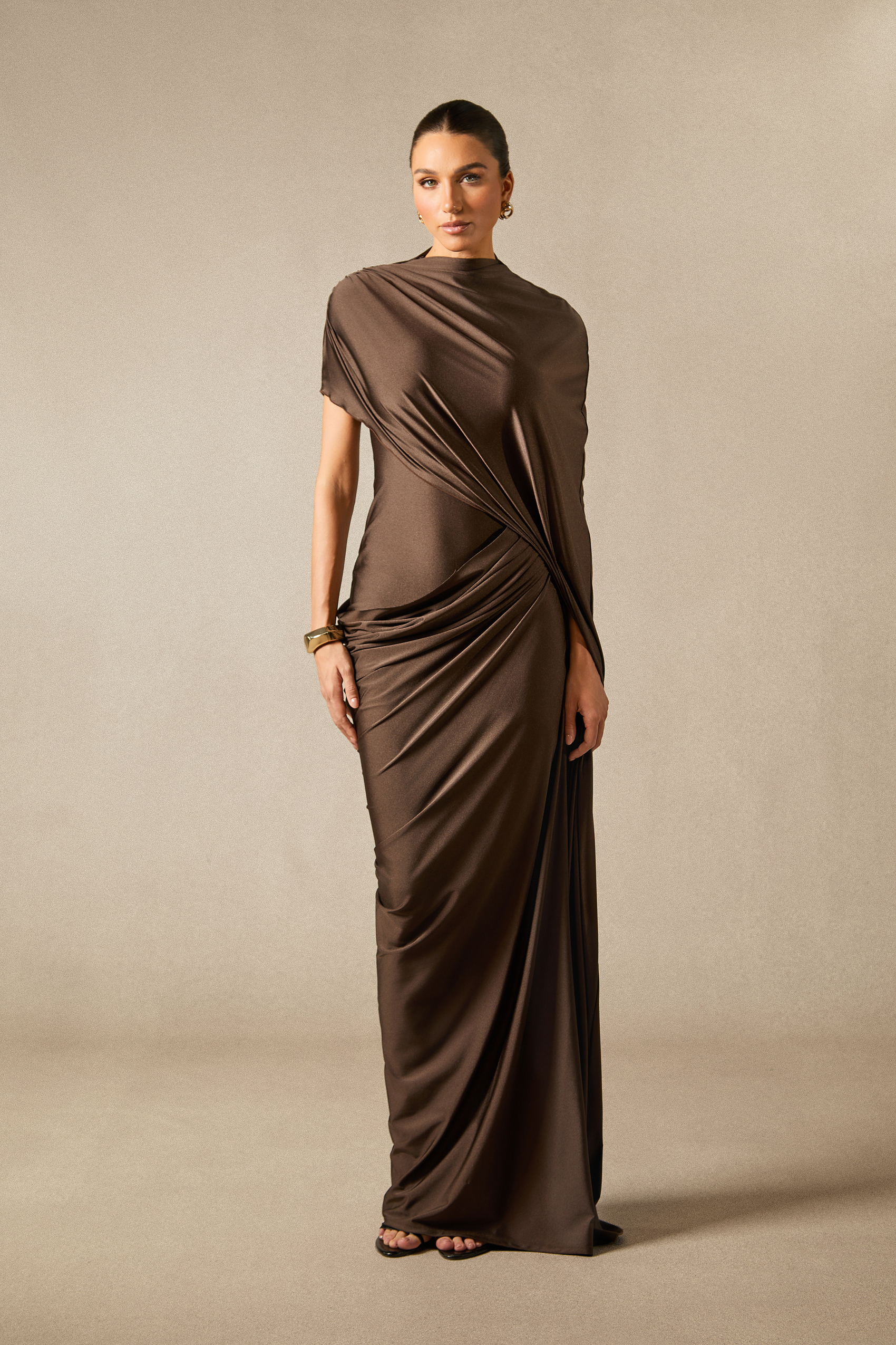 Melina Asymmetric Sleeve Drape Maxi Dress