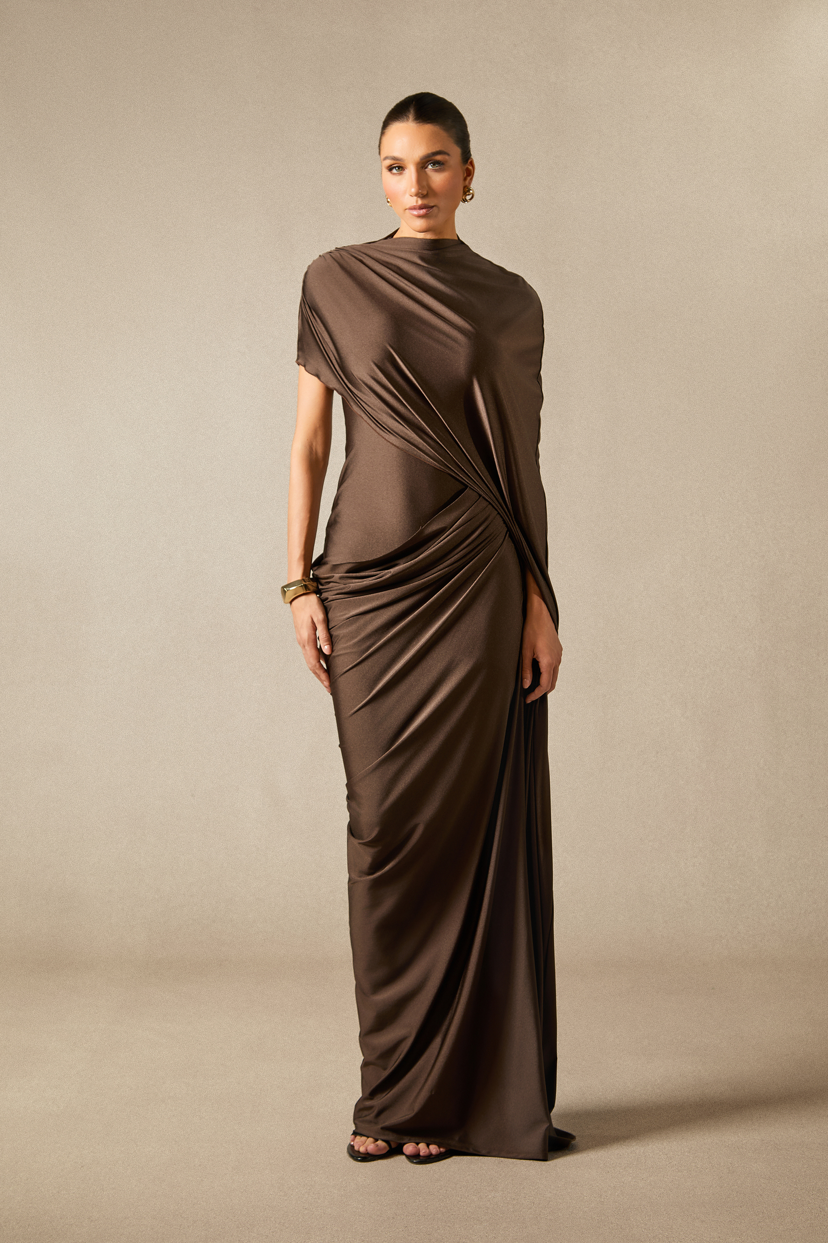 Melina Asymmetric Sleeve Drape Maxi Dress