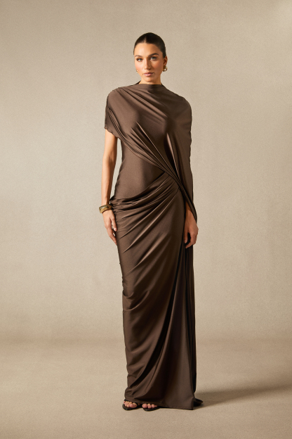 Melina Asymmetric Sleeve Drape Maxi Dress – sunfere