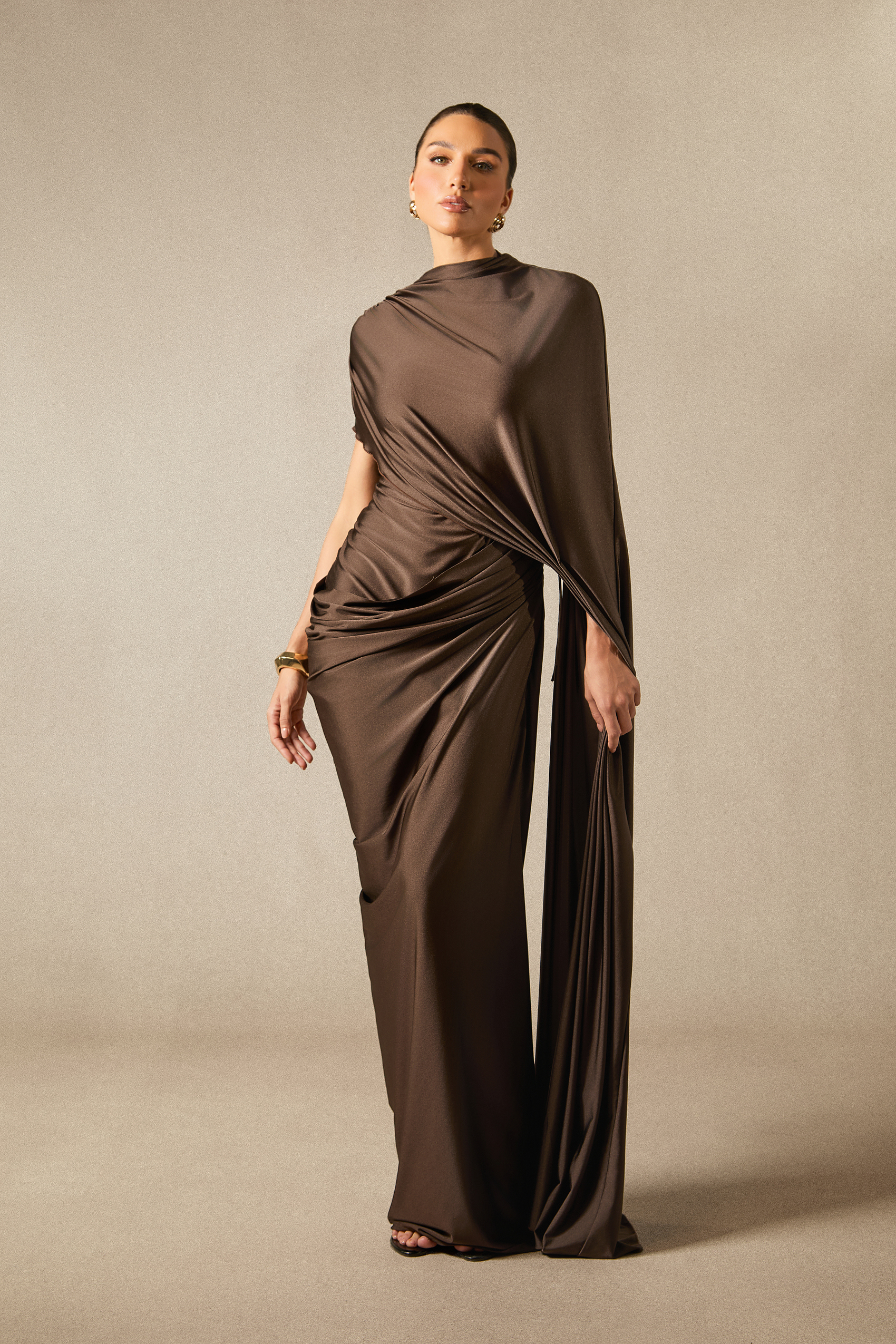 Melina Asymmetric Sleeve Drape Maxi Dress – sunfere
