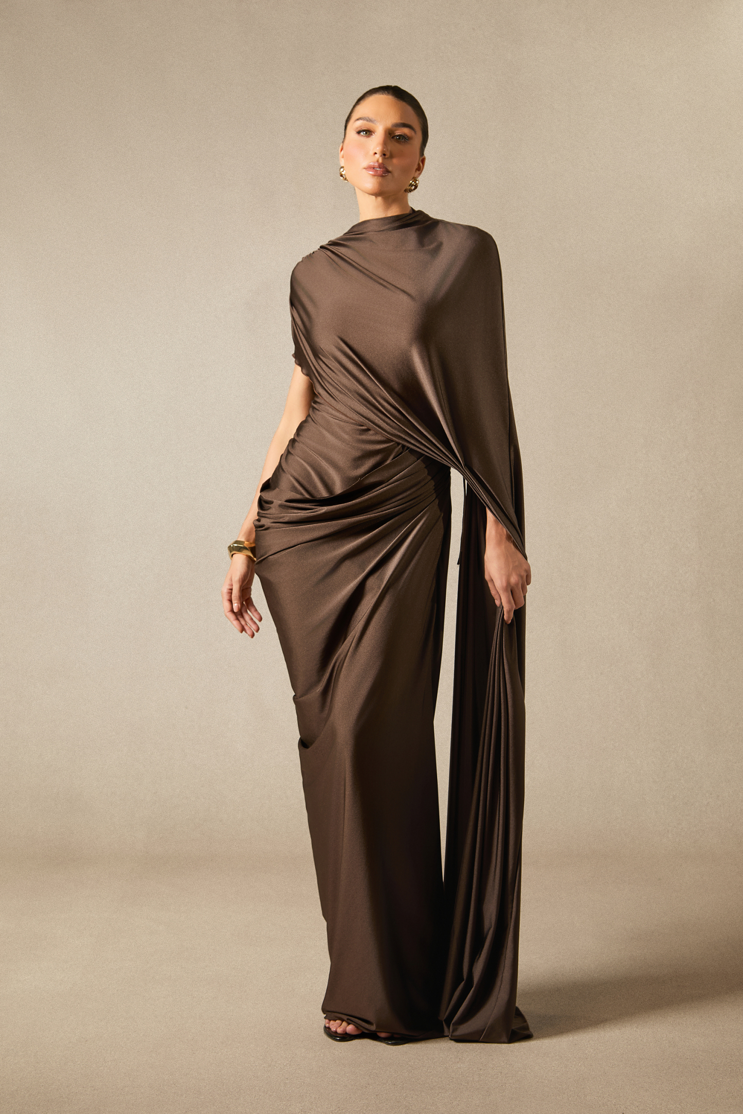Melina Asymmetric Sleeve Drape Maxi Dress