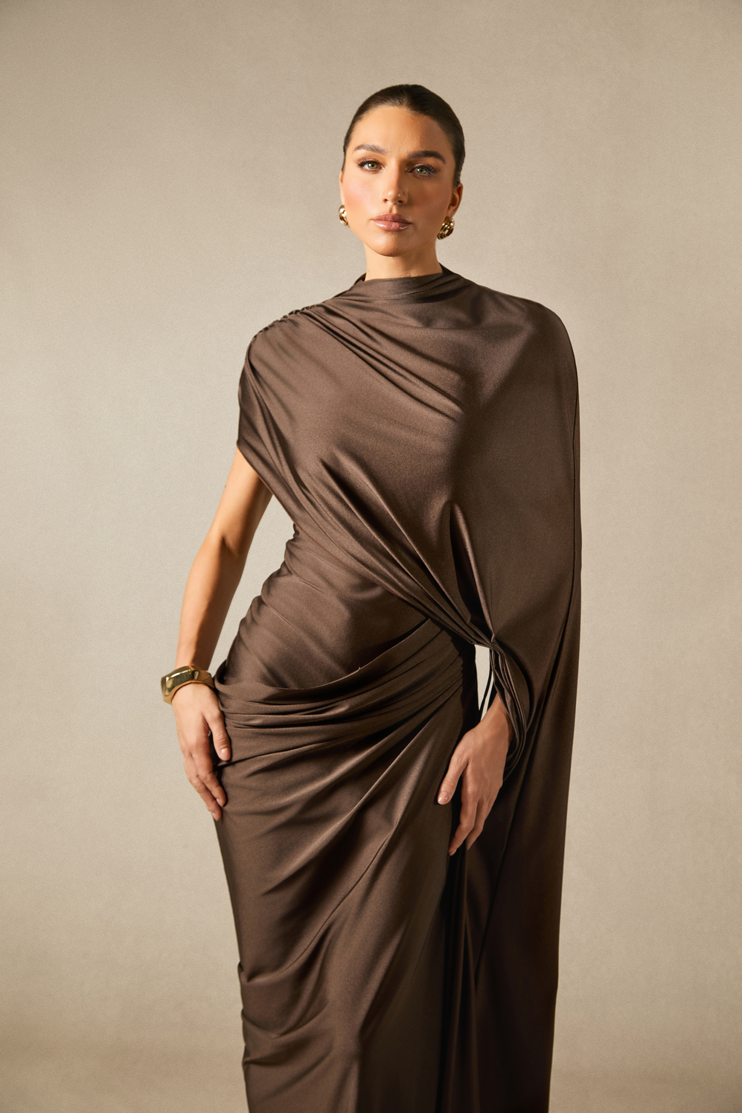 Melina Asymmetric Sleeve Drape Maxi Dress