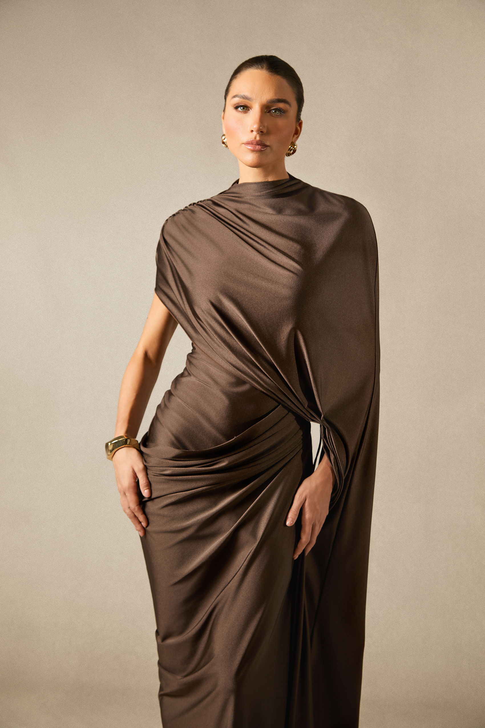 Melina Asymmetric Sleeve Drape Maxi Dress