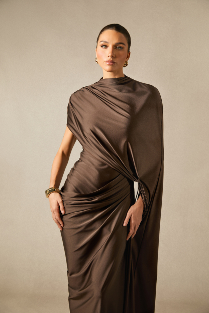 Melina Asymmetric Sleeve Drape Maxi Dress