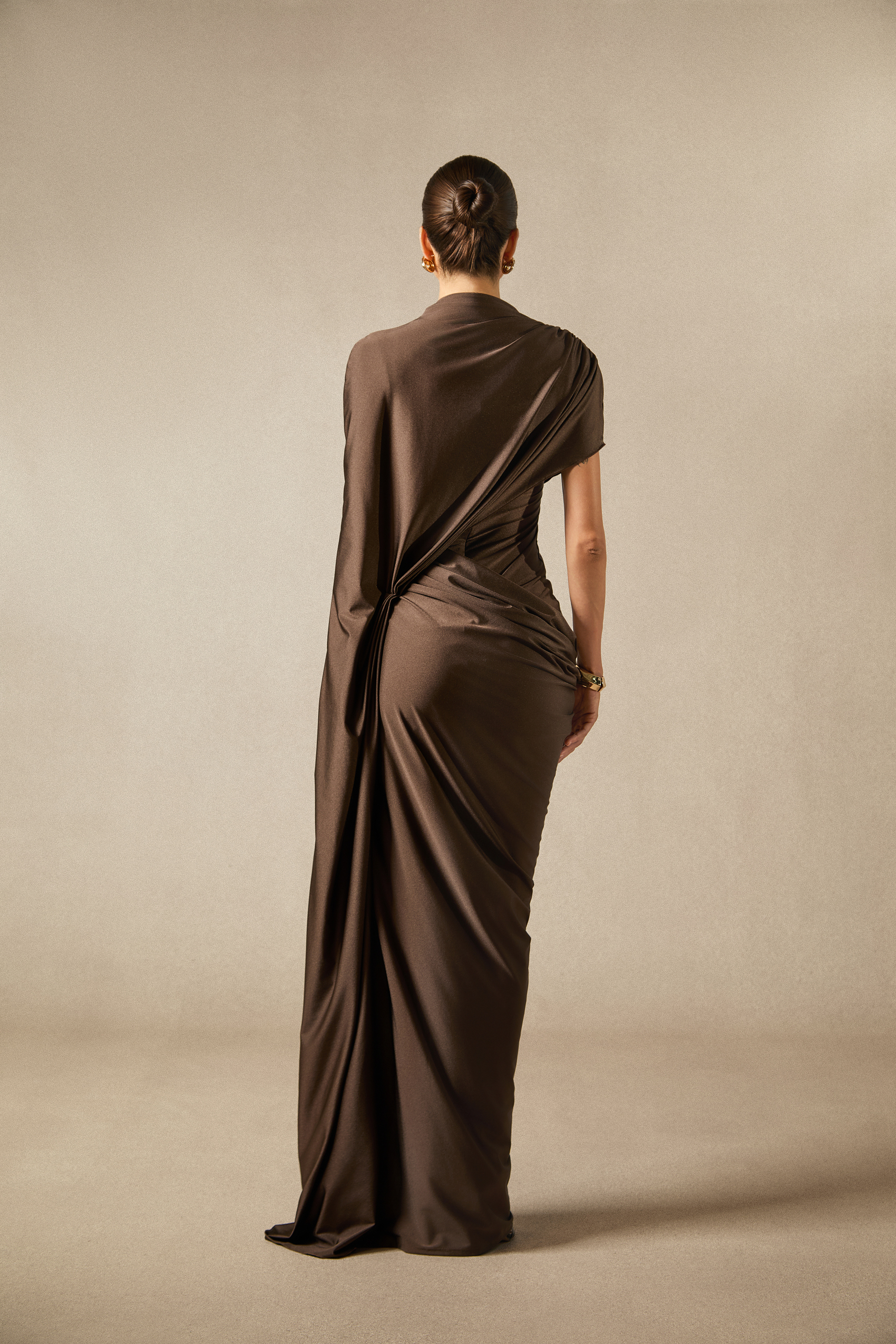 Melina Asymmetric Sleeve Drape Maxi Dress – sunfere