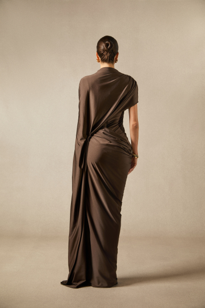 Melina Asymmetric Sleeve Drape Maxi Dress