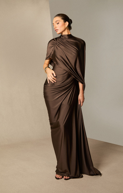 Melina Asymmetric Sleeve Drape Maxi Dress
