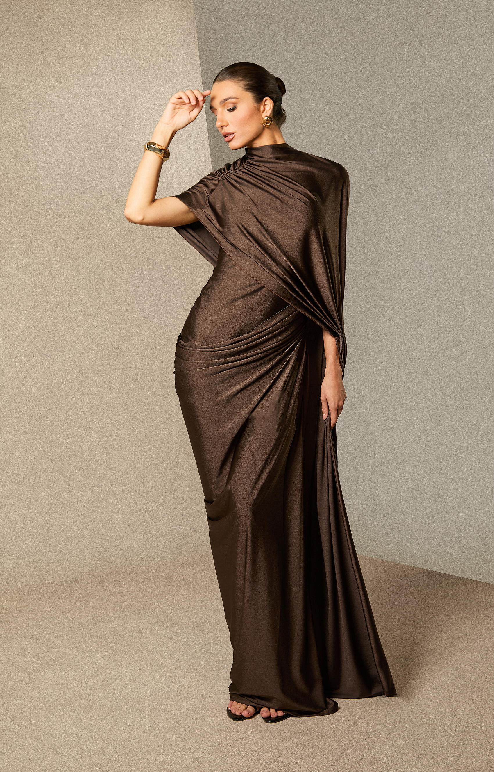 Melina Asymmetric Sleeve Drape Maxi Dress – sunfere