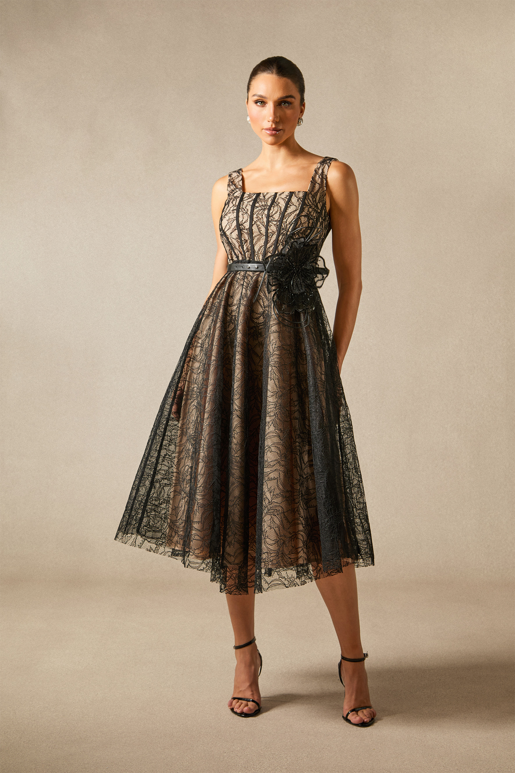 Mina Floral Applique Lace Overlay Midi Dress