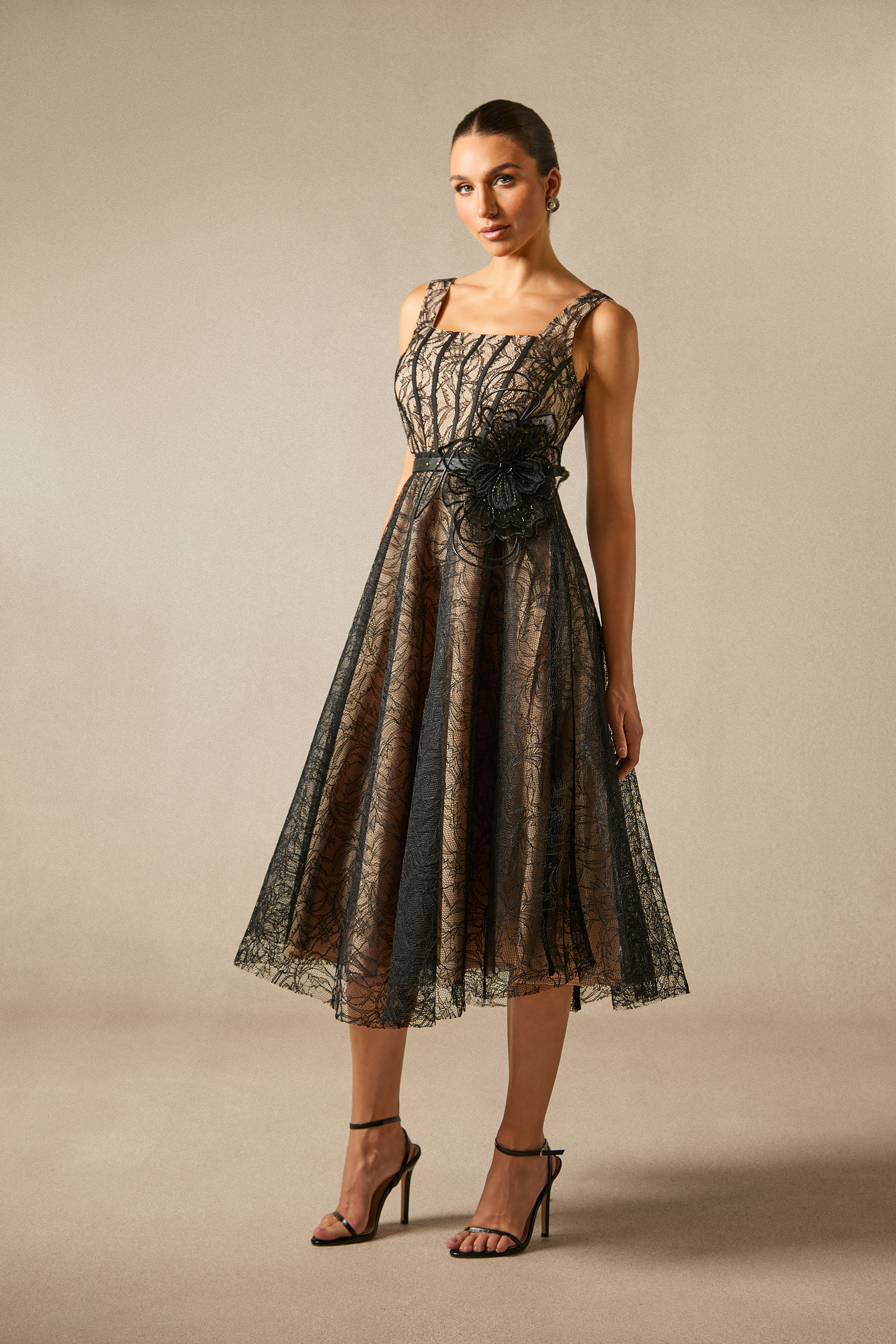 Mina Floral Applique Lace Overlay Midi Dress